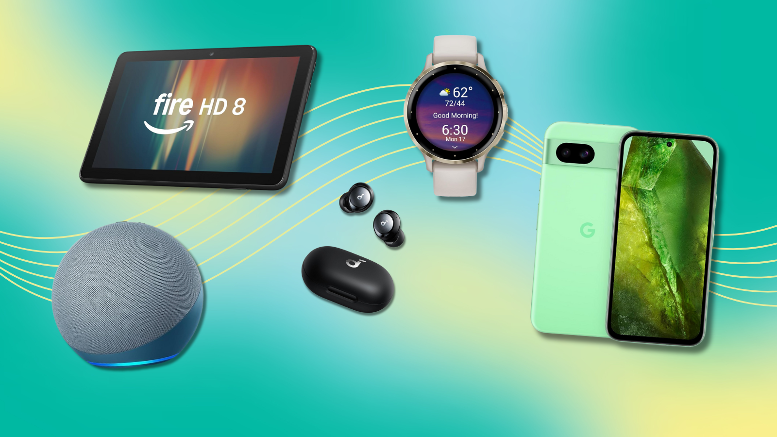 Fire HD 8 tablet, Garmin Venu 3s, Echo speaker, Google Pixel 8a, and Soundcore Space A40 earbuds with colorful green and blue gradient background