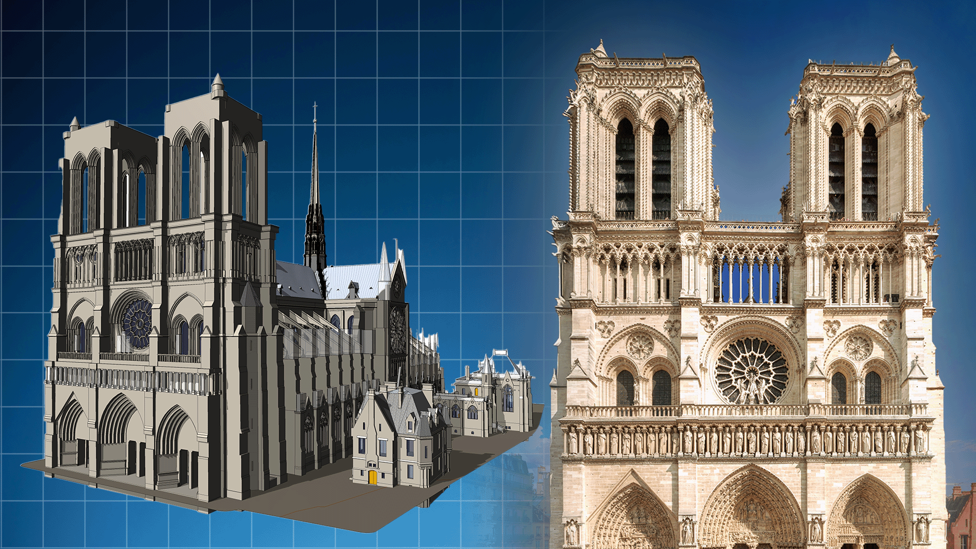 Against a blue grid background,  3D digital twin of Notre-Dame is placed next to an image of the completed building