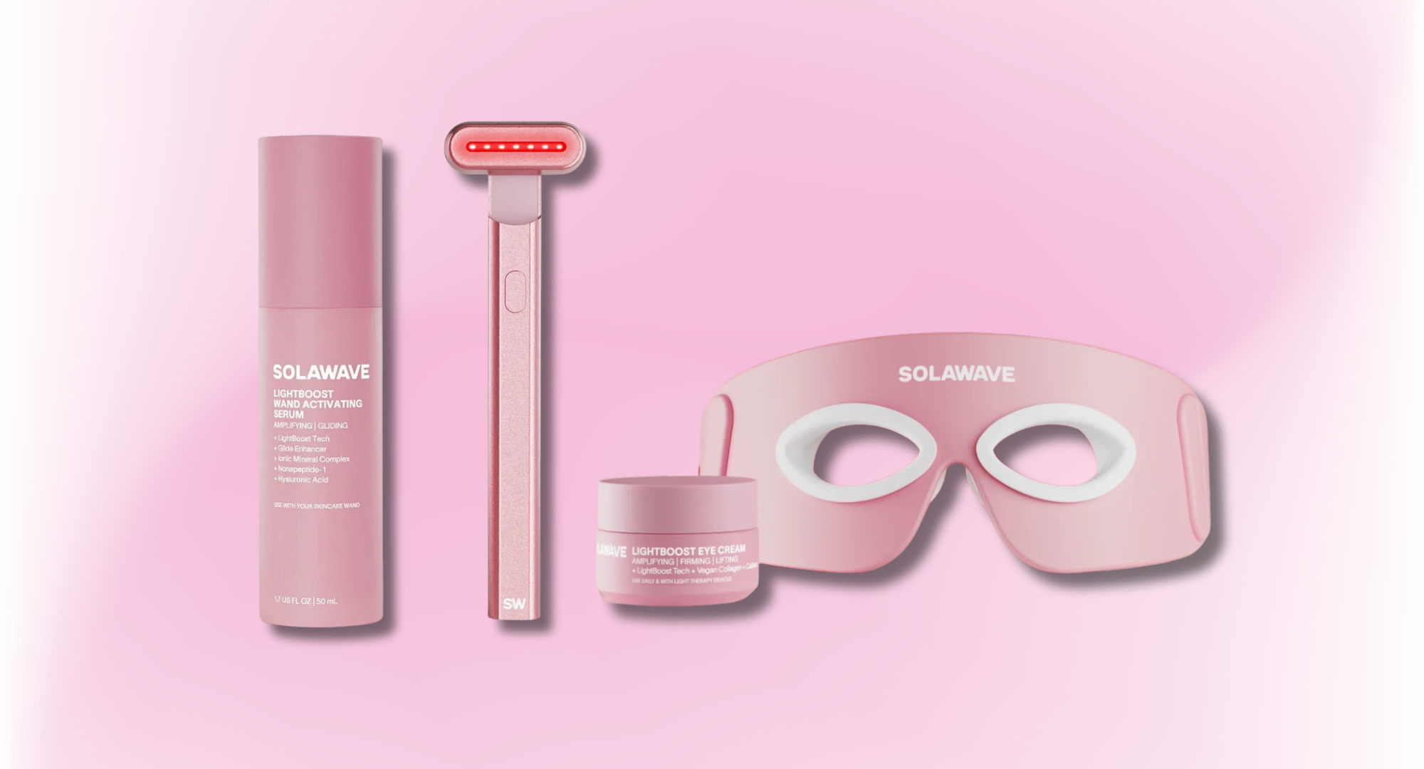 Four Solawave skincare products arranged on a pink background.