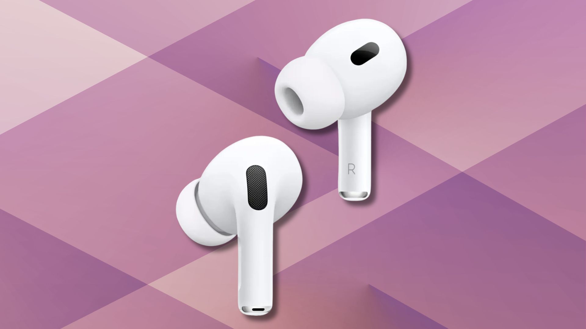 apple airpods pro 2 on a purple geometric background