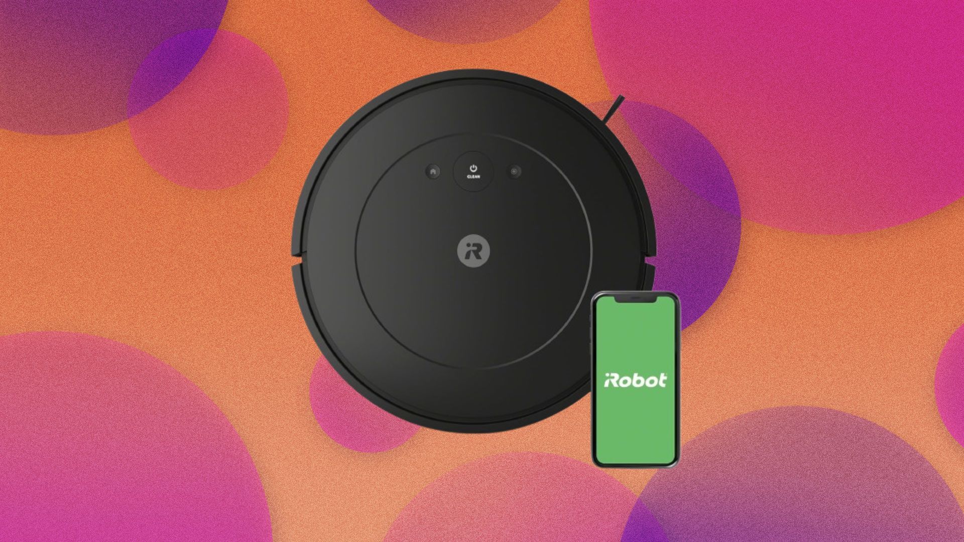 The iRobot Roomba Essentials Vac appears with a phone displaying the iRobot logo on a pink and orange abstract background.