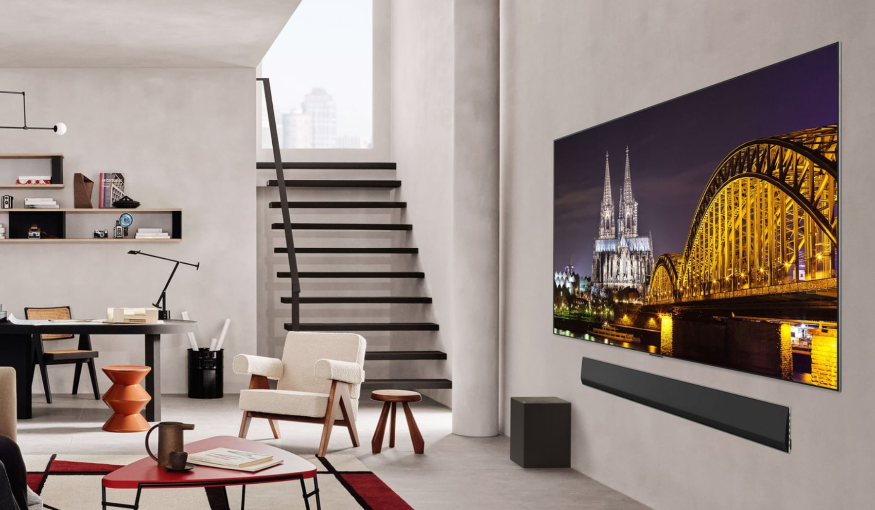 Living room scene with LG OLED TV hanging on wall