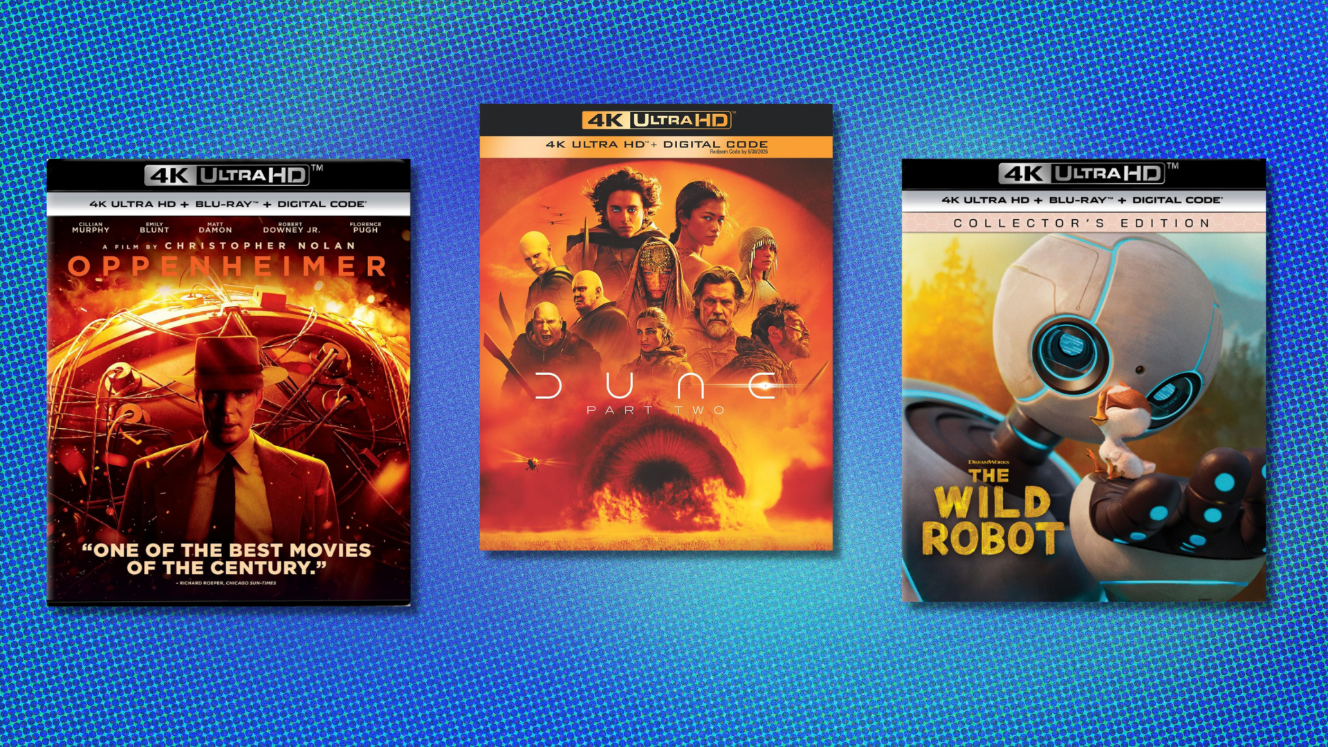 The movie covers of Oppenheimer, Dune Part Two, and The Wild Root on a blue background.