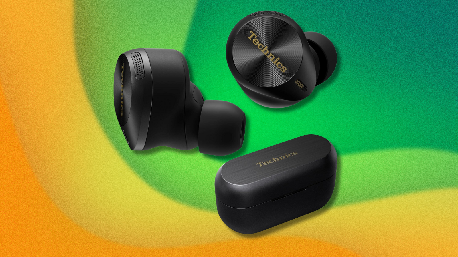 Technics Premium Hi-Fi Bluetooth Earbuds on green and yellow background