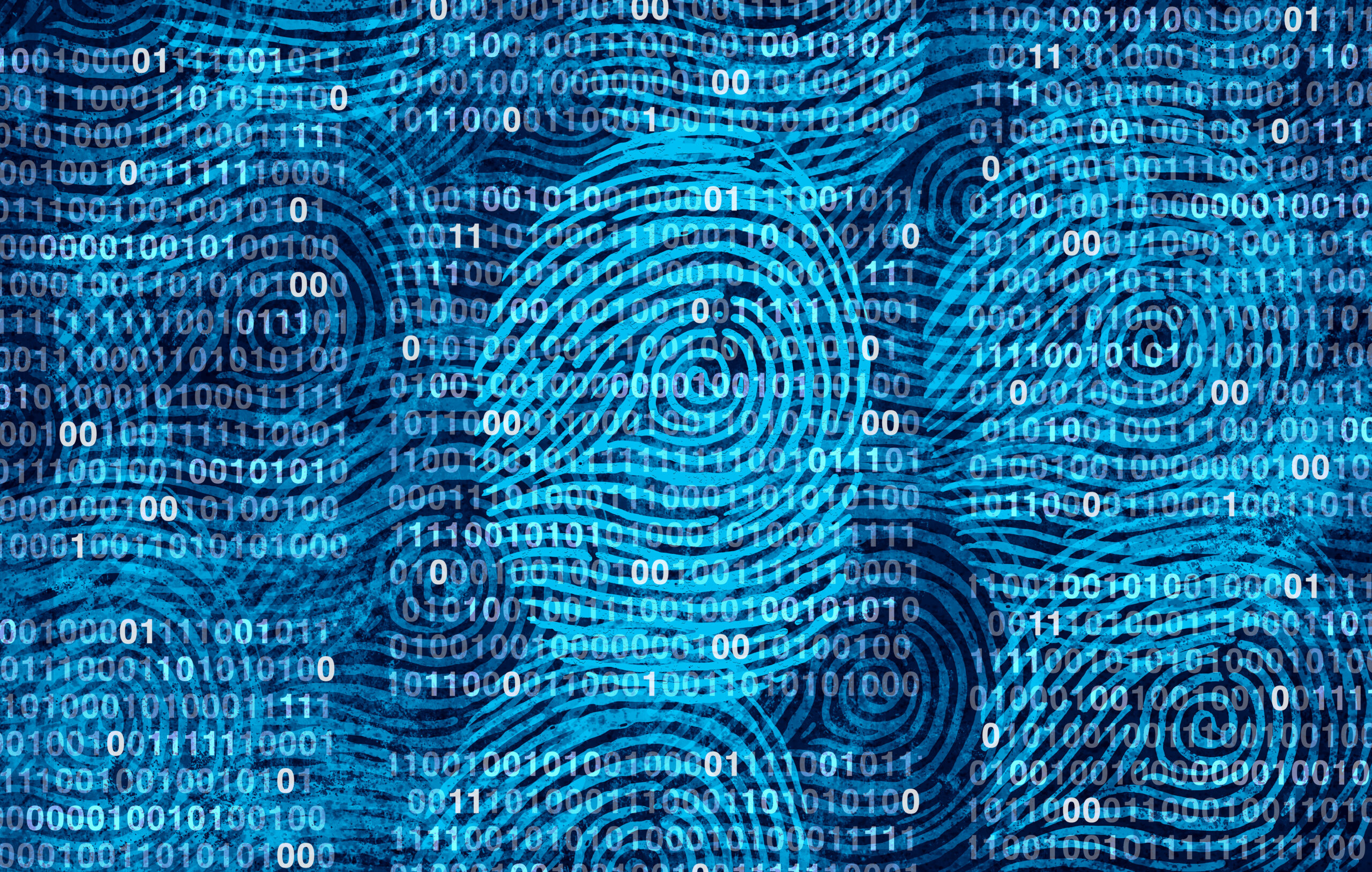 An illustration of finger prints overlaid with binary code.