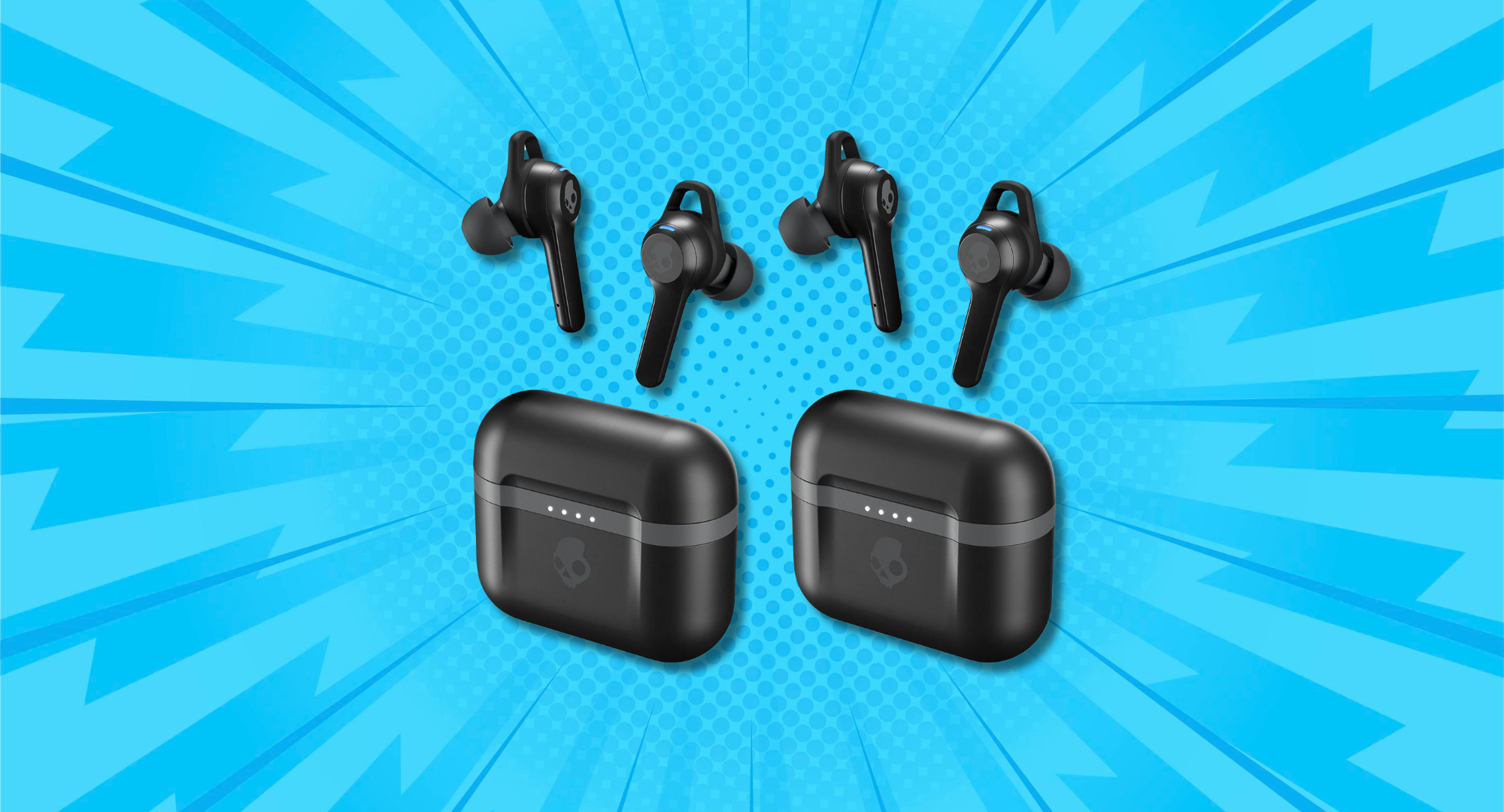 Two pairs of black Skullcandy Indy Evo true wireless earbuds with their charging cases, set against a vibrant blue background.