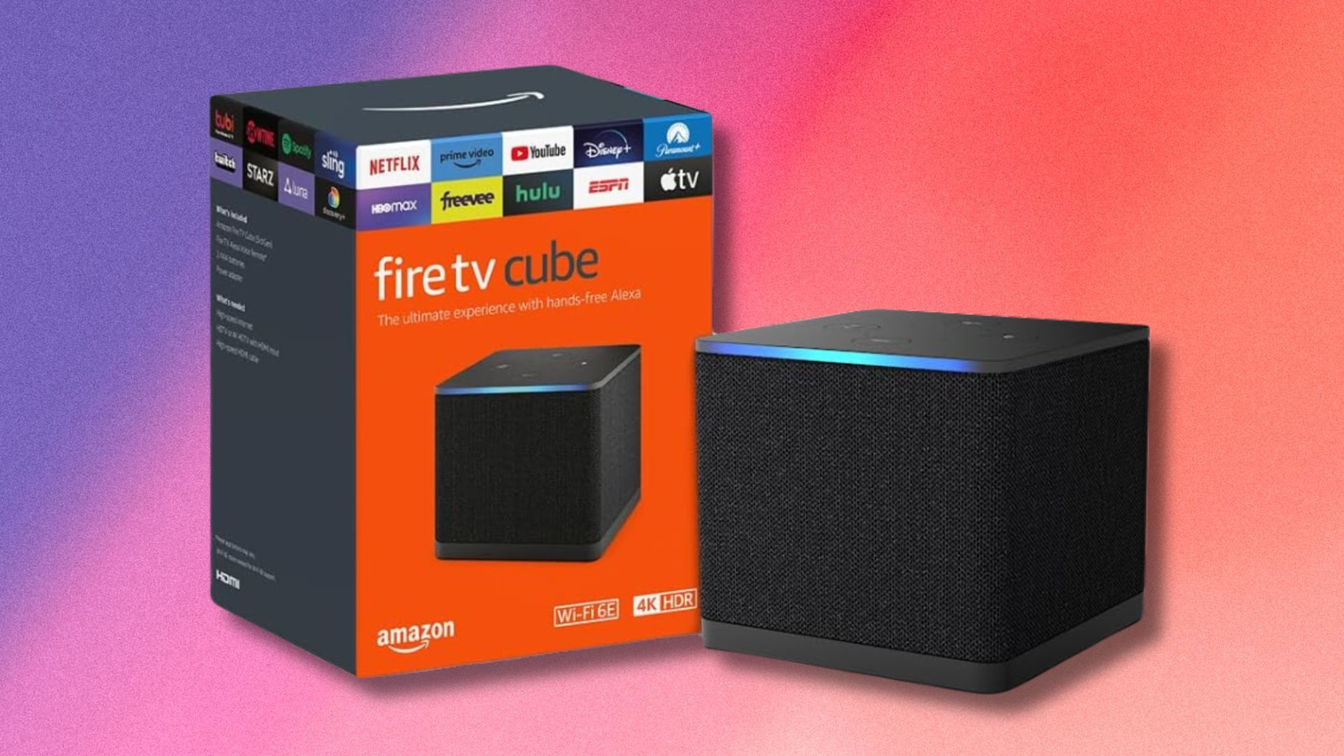 amazon fire tv cube box and speaker against a purple to pink gradient background