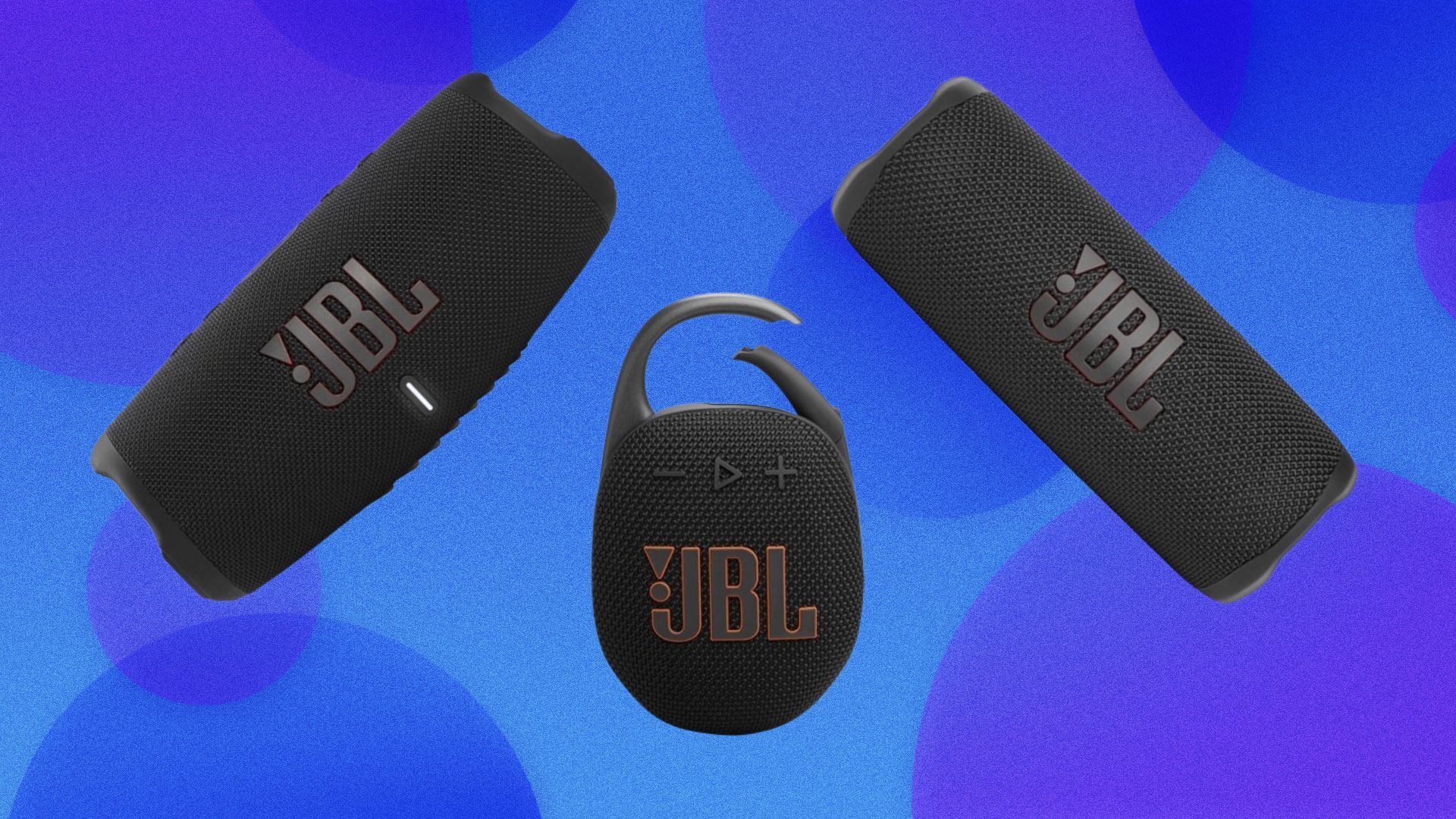 A JBL Flip, JBL Clip, and JBL Charge appear on a bubbly blue abstract background.