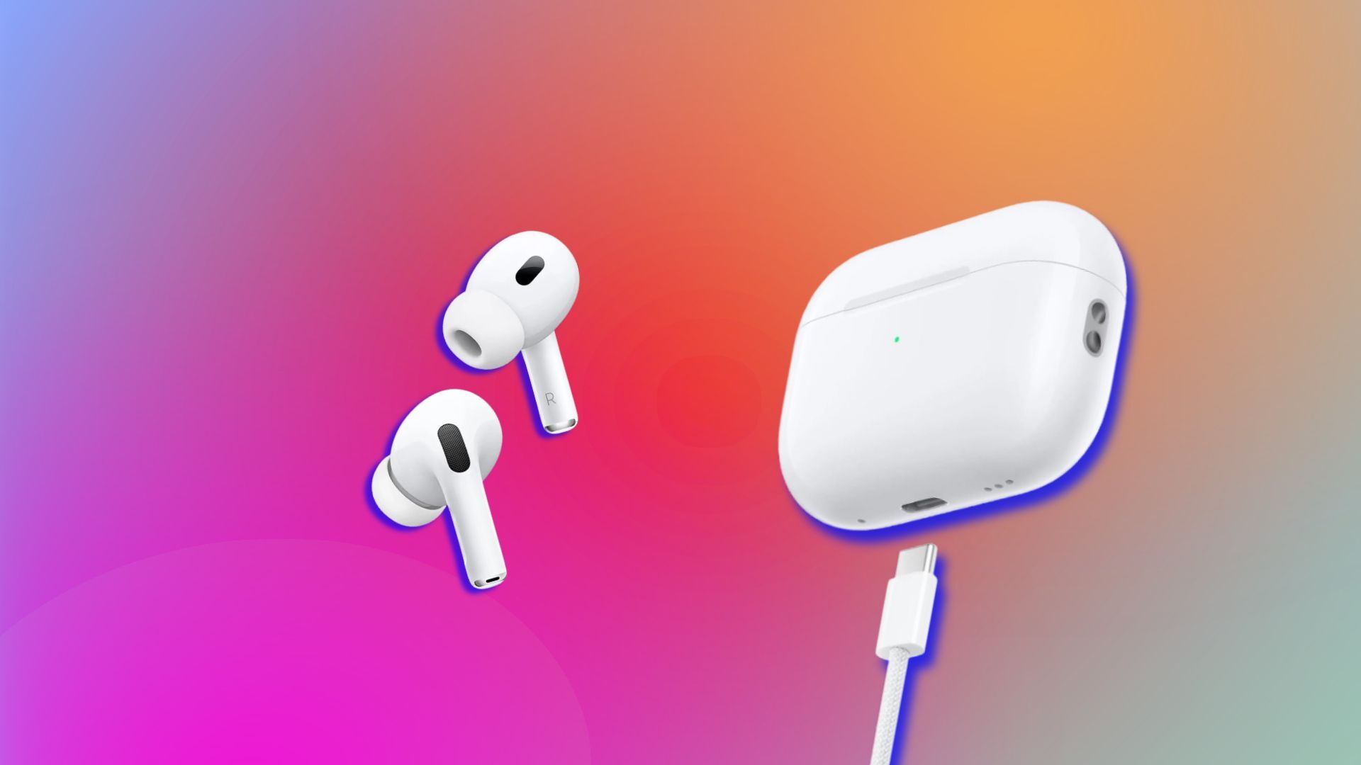 airpods case and earbuds on a colorful gradient background