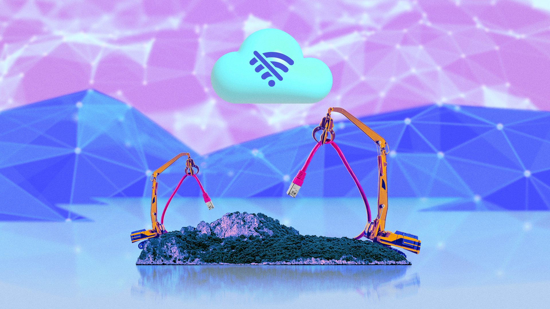 An illustration of construction cranes made out of giant internet cables, floating on an island with a large cloud above it. The cloud has a symbol indicating no internet service.