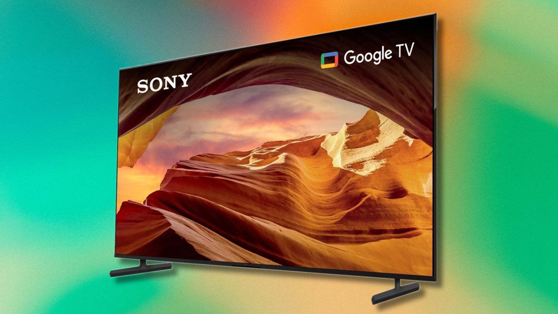 a sony x77l 4k smart tv angled on a green and orange gradient background