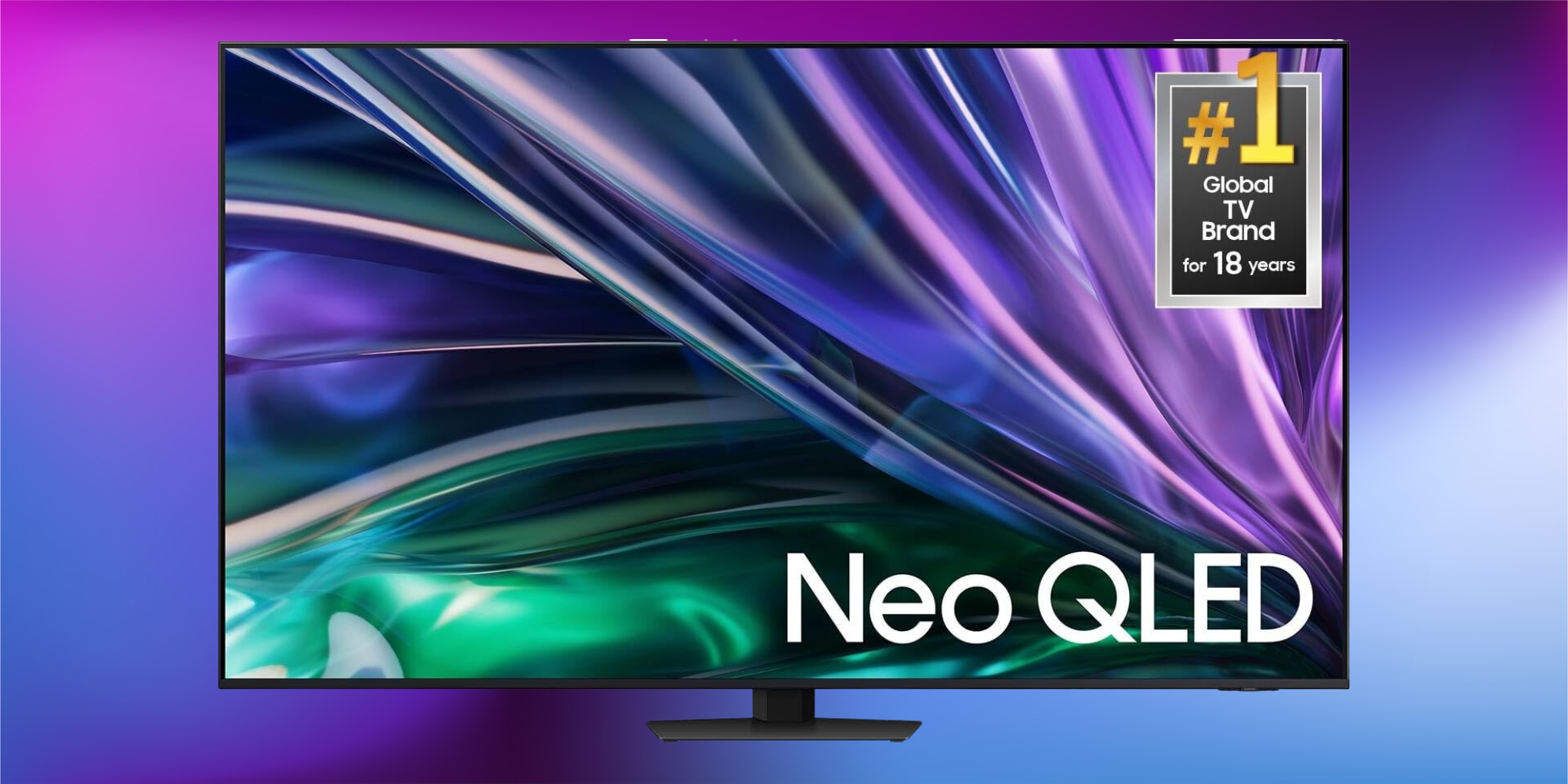 Samsung 85-inch QN85D QLED TV (2024 model) on a purple gradient background