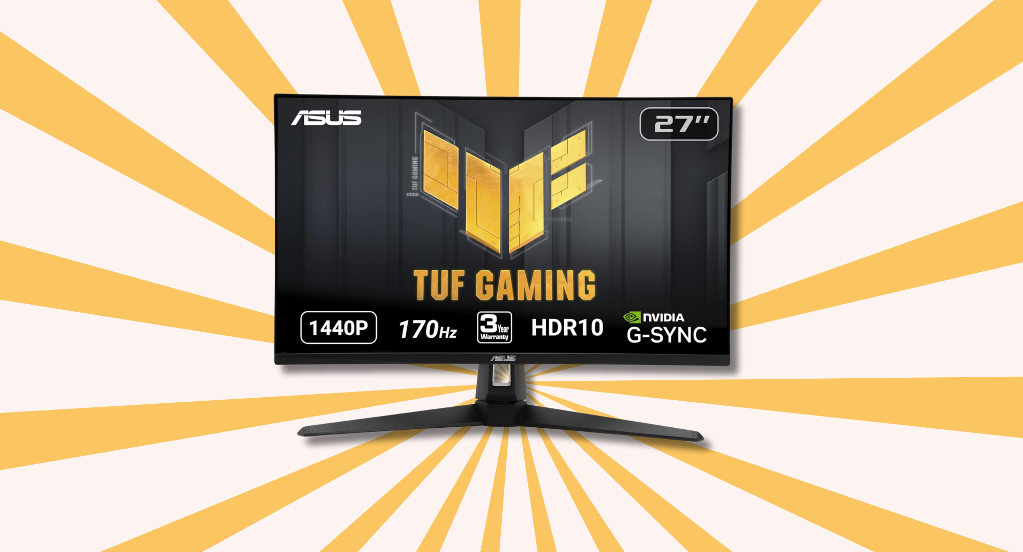 An ASUS TUF Gaming monitor against a yellow background.