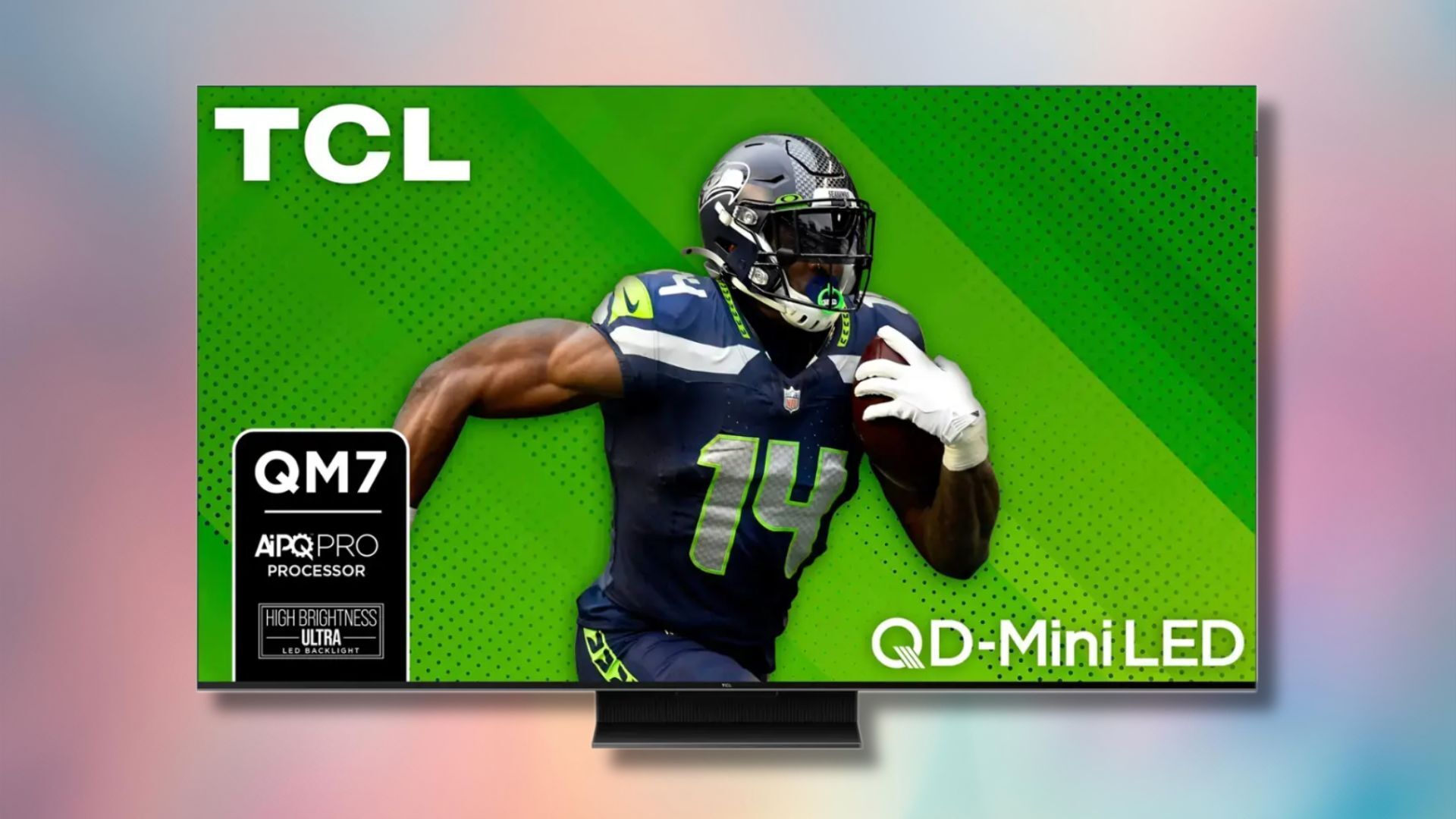 tcl 75-inch qm7 tv on a pink and blue gradient background