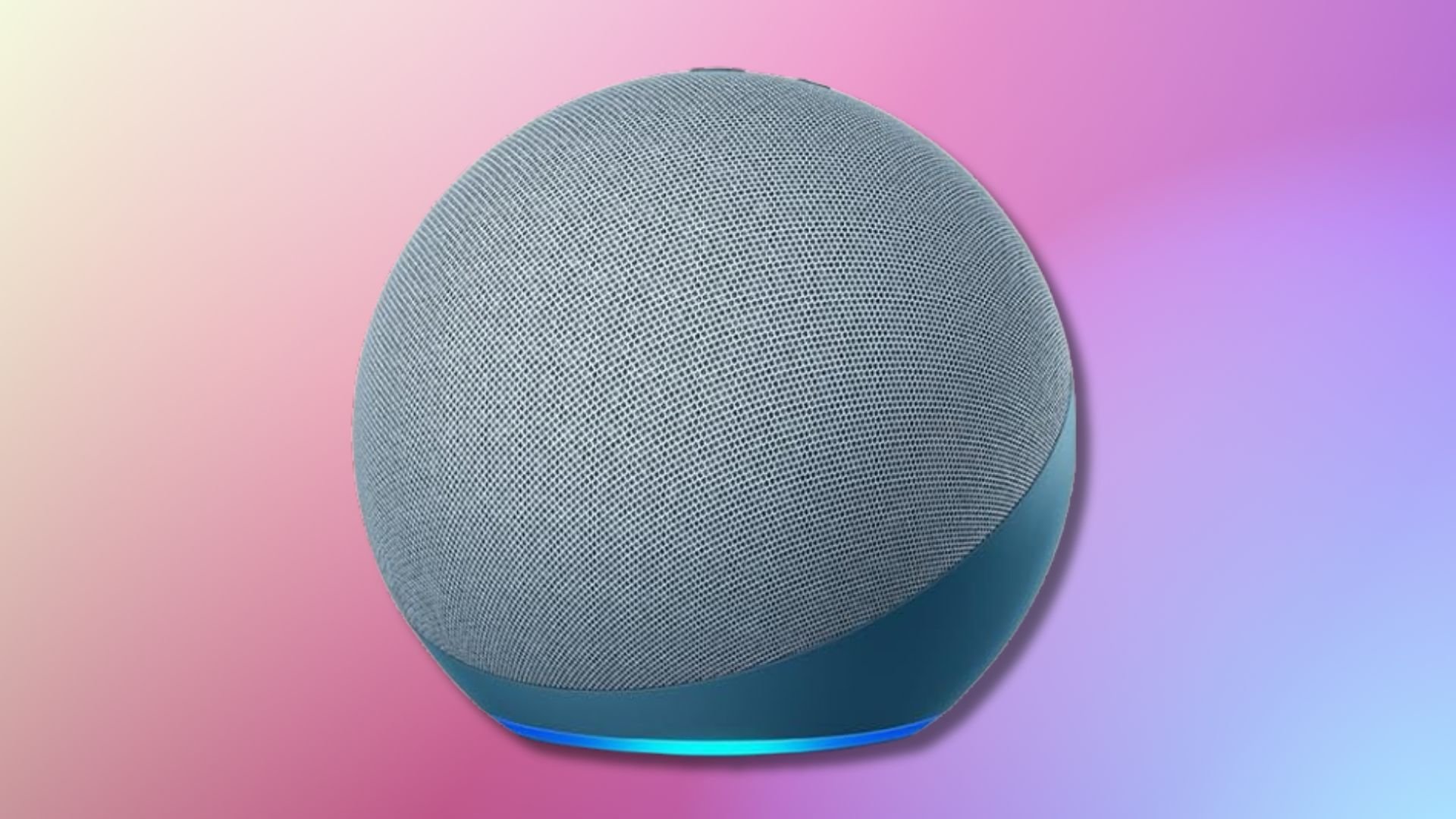 a twilight blue amazon echo against a purple, pink, and tan gradient background