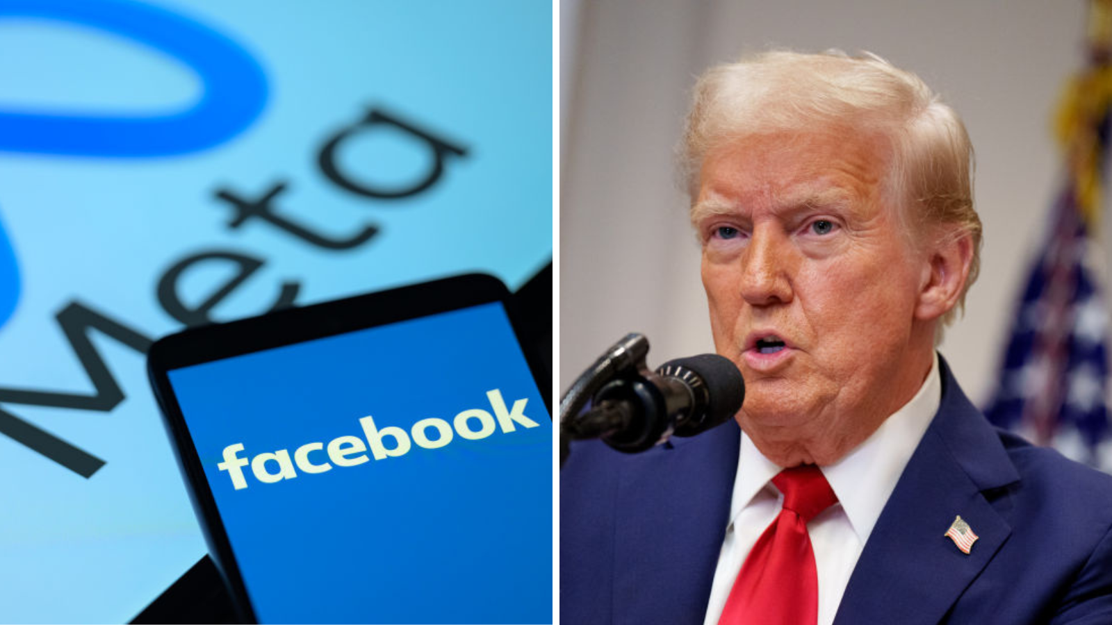 Two images side by side. On the left, the Facebook logo is displayed on a mobile phone with the Meta logo visible on a tablet screen behind it. On the right, U.S. President Donald Trump speaks during a news conference in the Roosevelt Room of the White House on January 21, 2025 in Washington, DC.