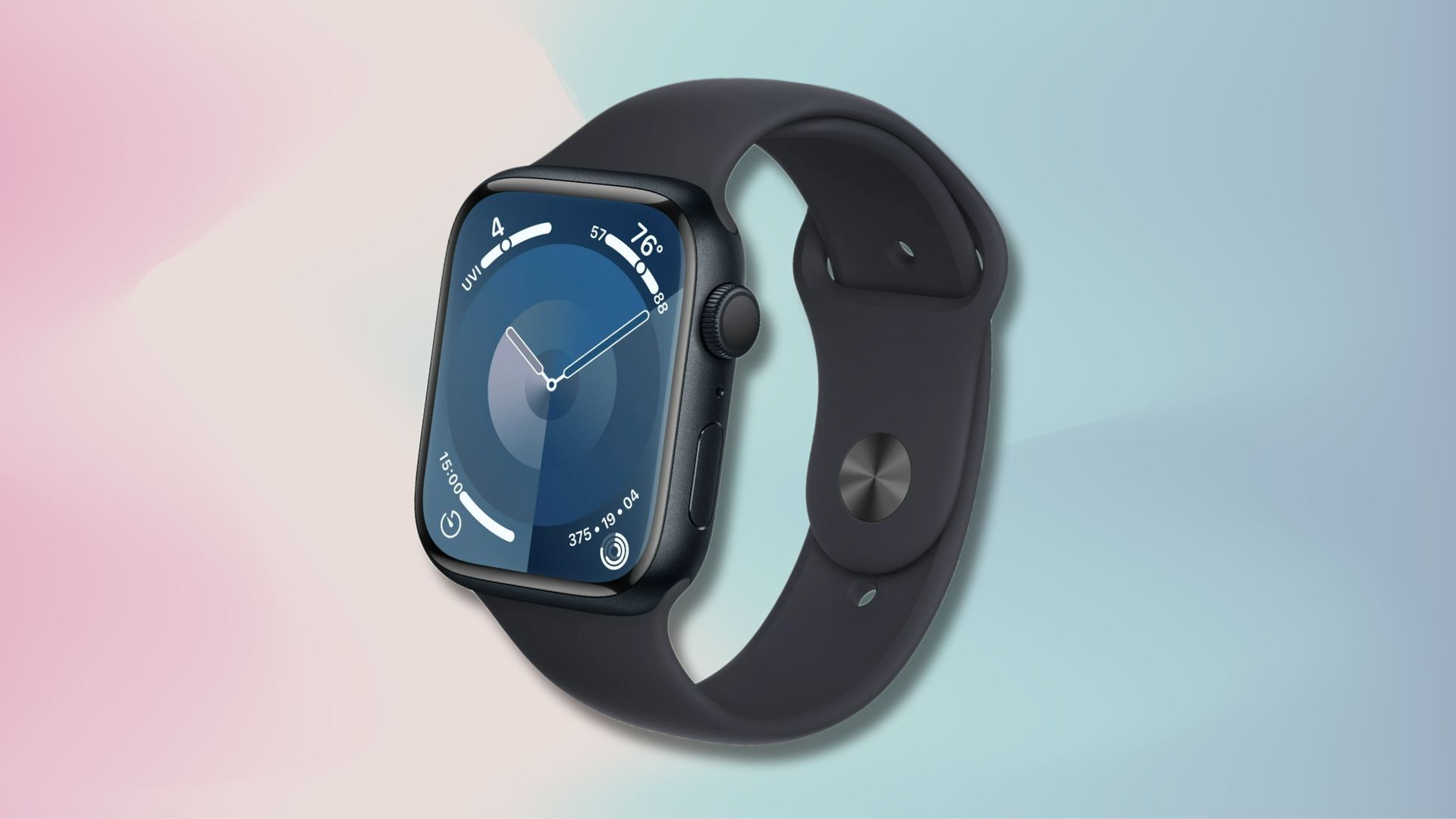 apple watch series 9 on a light pink to light blue gradient background