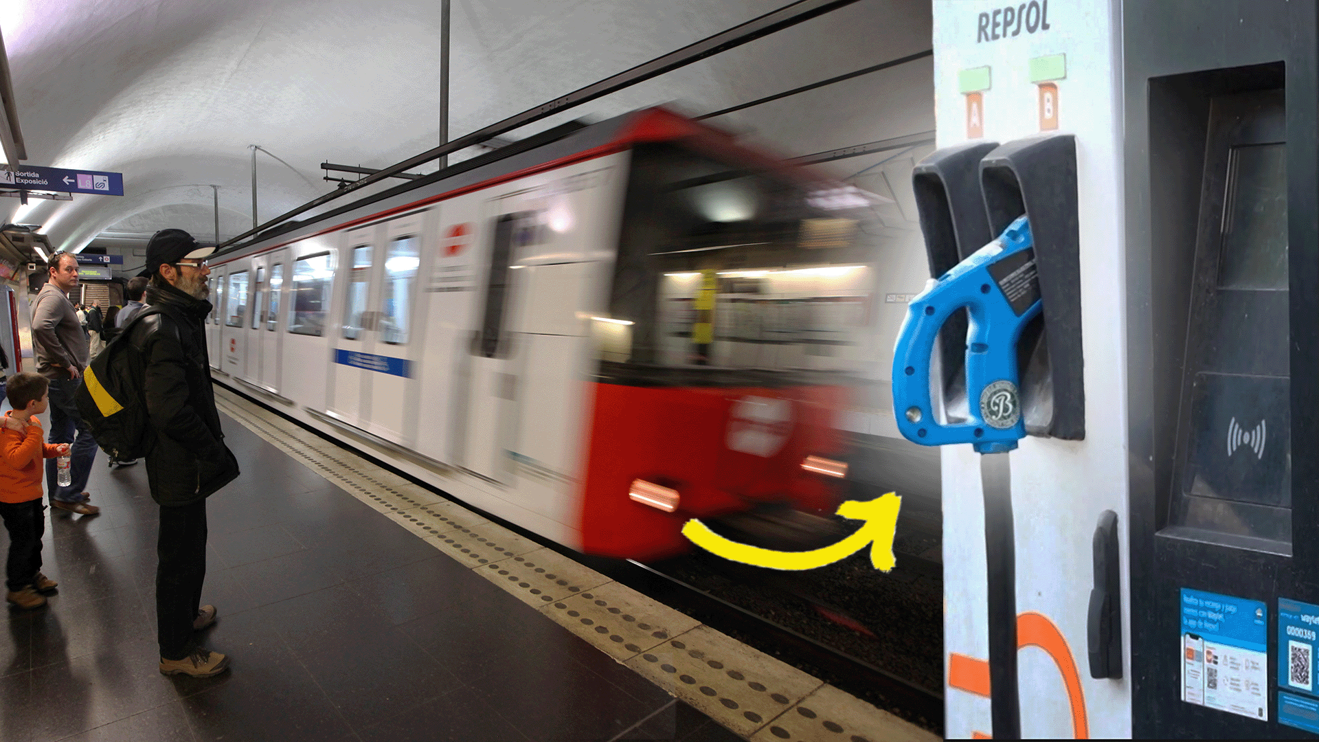 Split image shows a platform in Barcelona's Metro as a train arrives (left) , and an EV charging station (right)