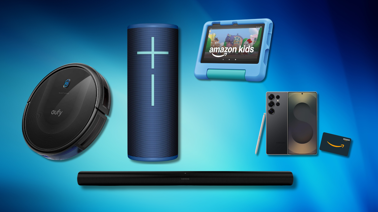 Eufy robot vacuum, UE Megaboom 4, Sonos Arc, Amazon Fire 7 Kids, and Samsun Galaxy s25 ulta with Amazon gift card on blue gradient background