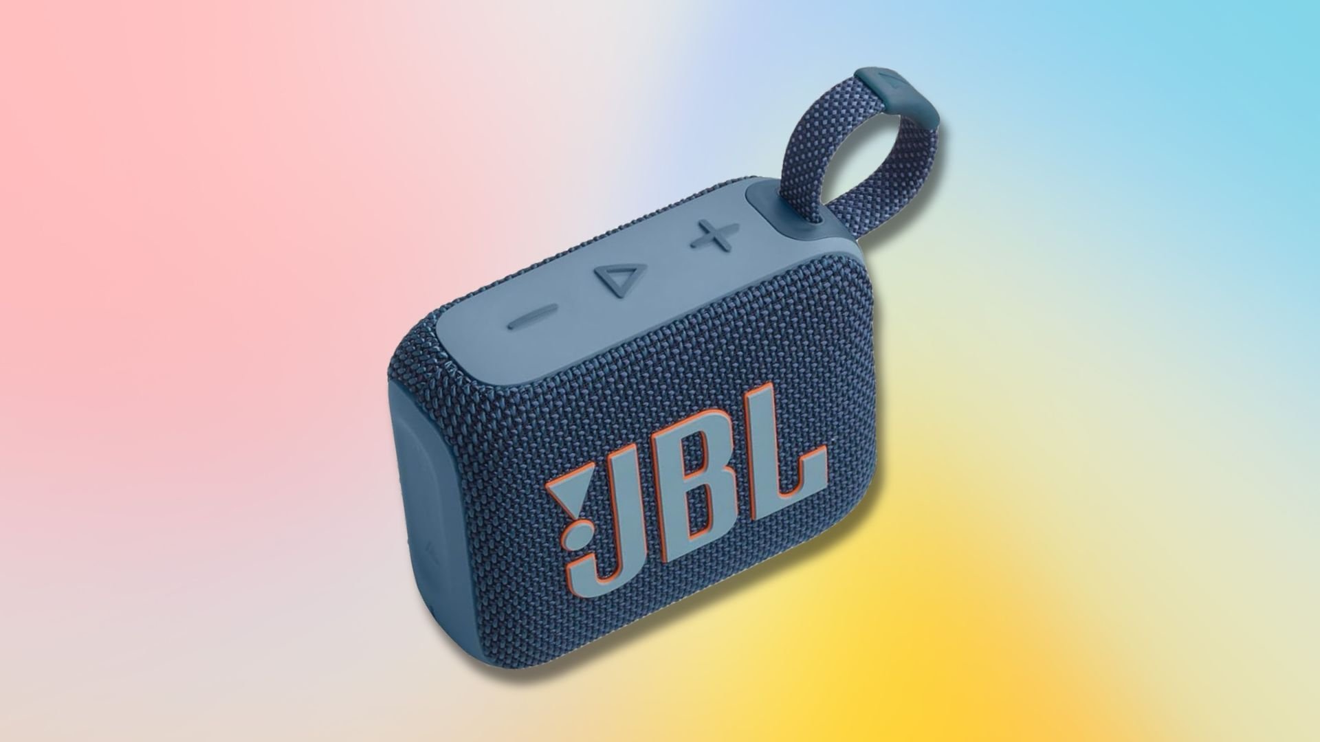 blue jbl go 4 portable speaker against a red, blue, and yellow gradient background