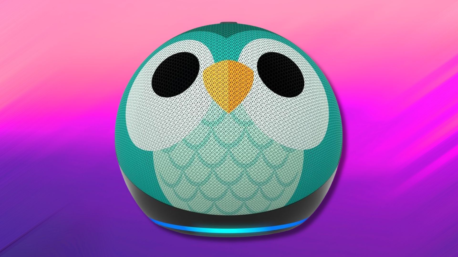 amazon echo dot kids smart speaker with an owl design against a pink and purple gradient background