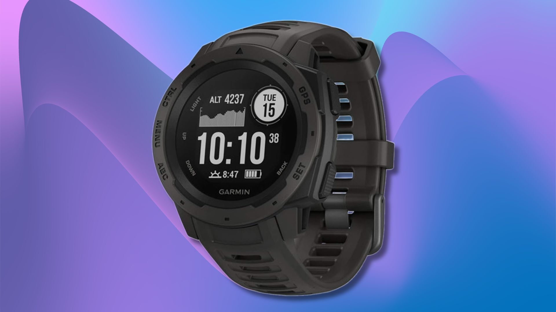 garmin instinct smartwatch against a purple and blue wavy background