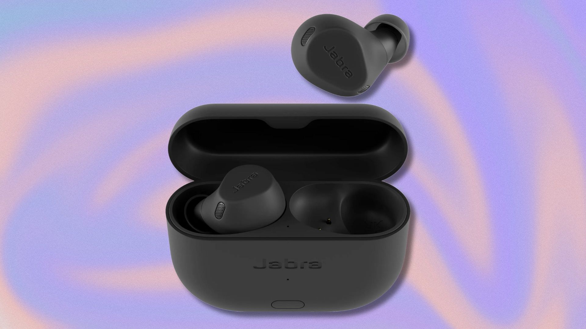 jabra elite 8 active gen 2 earbuds and case against a purple and tan swirling background