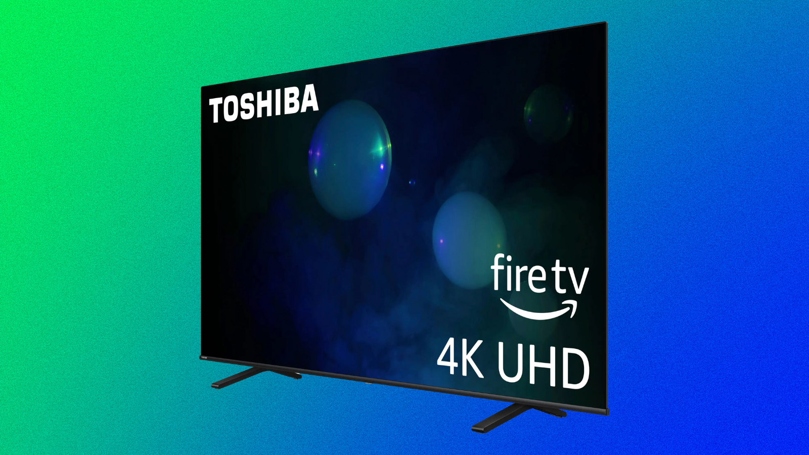 Toshiba 55-inch C350 4K UHD Smart Fire TV on a green to blue gradient background