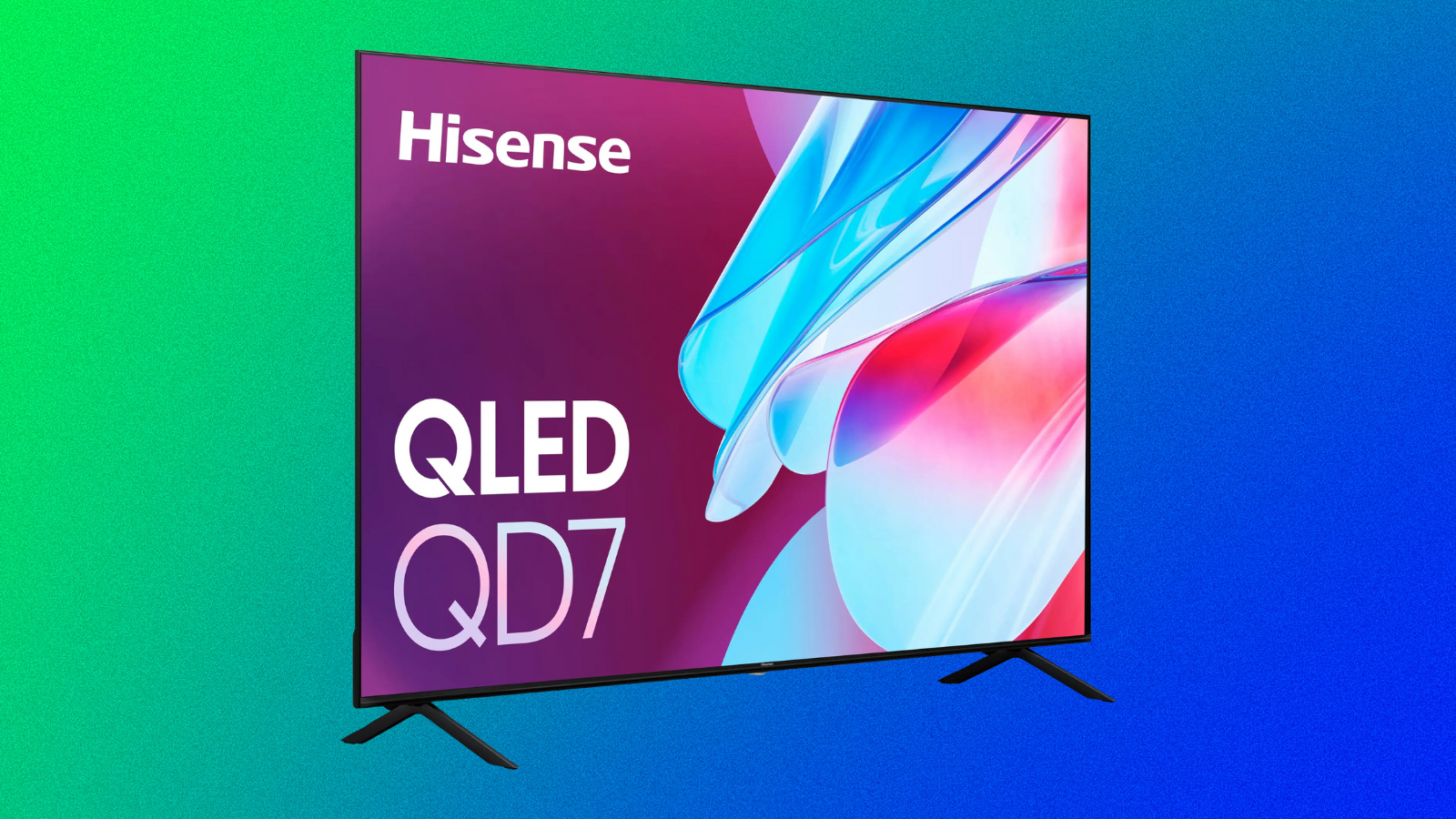 Hisense 65-inch QD7 QLED 4K UHD Smart TV on a green to blue gradient background