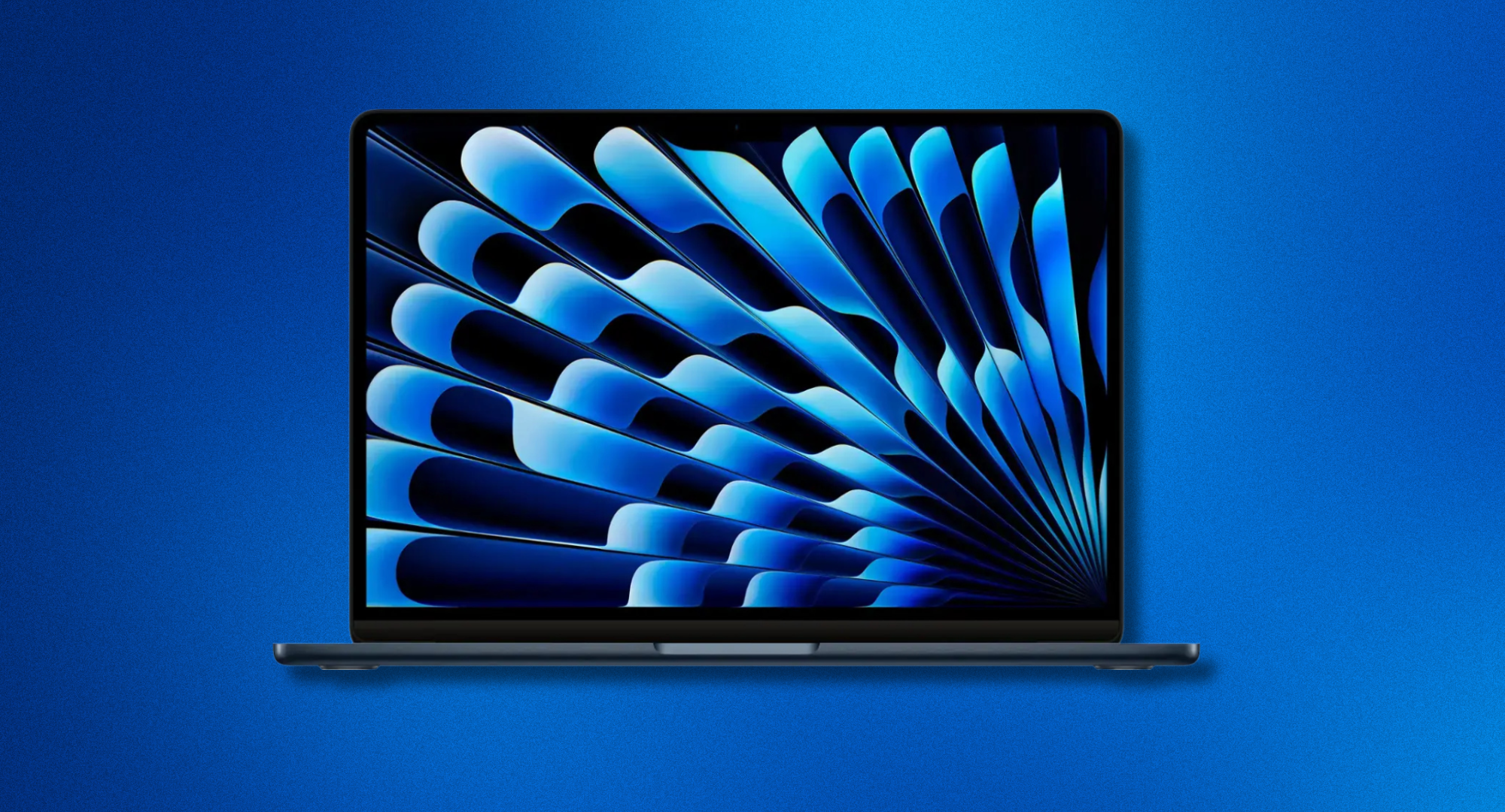 An Apple MacBook Air (M3) laptop open and displaying a vibrant abstract image of blue waves against a blue background.