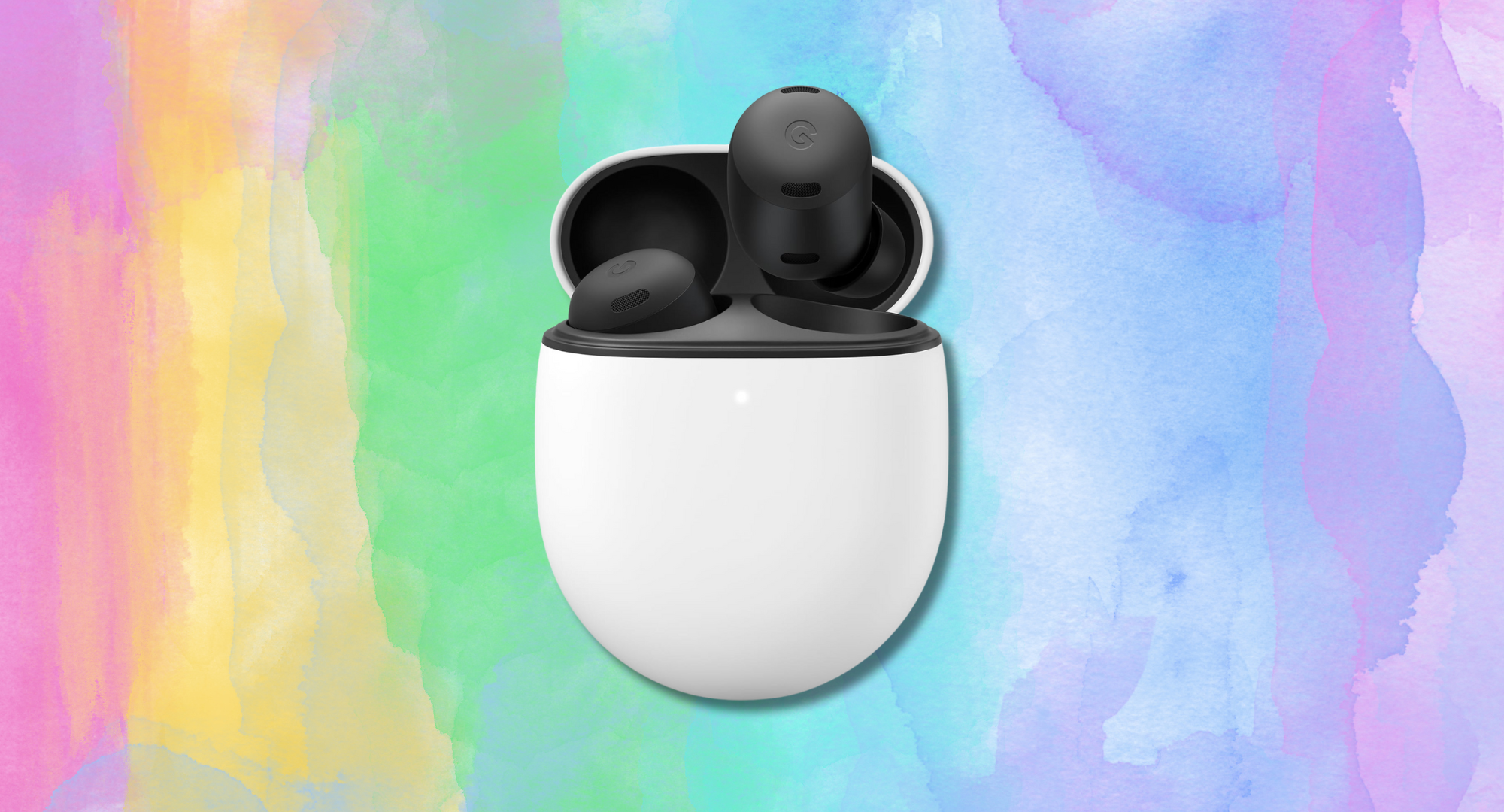 A pair of Google Pixel Buds Pro wireless earbuds in their charging case, set against a colorful, abstract background.