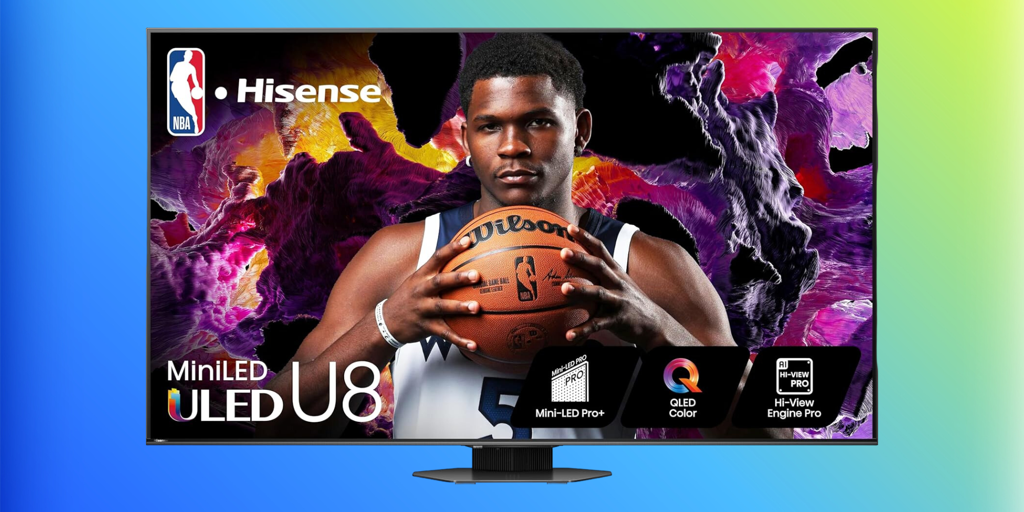 Hisense U8 85-inch 4K Smart TV on a blue and green gradient background