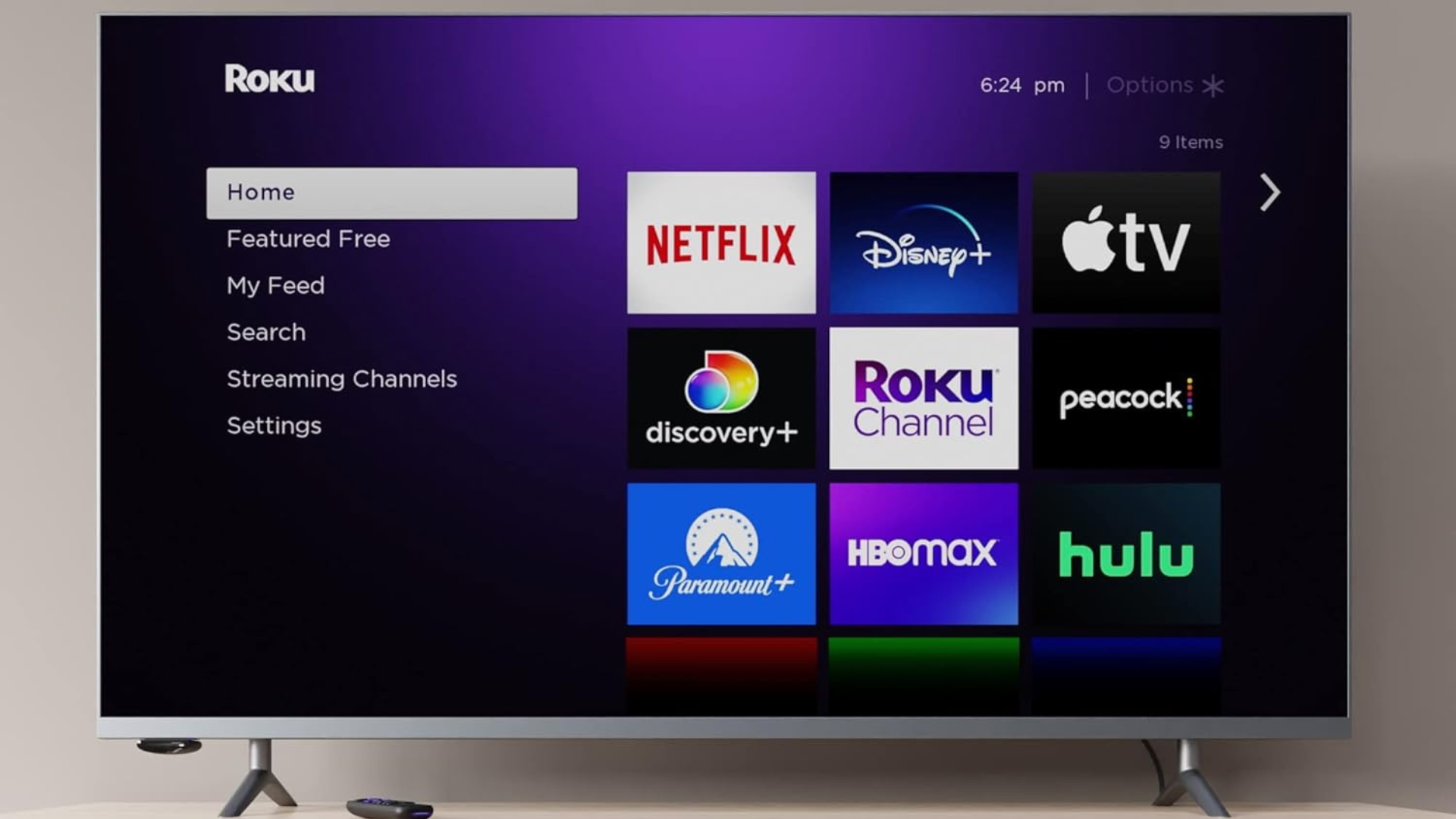 A TV showing the Roku homescreen