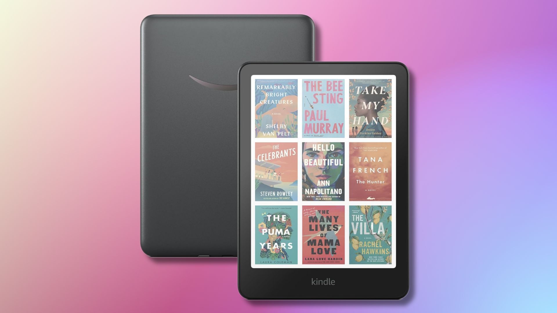 kindle colorsoft signature edition against a purple, pink, and yellow gradient background