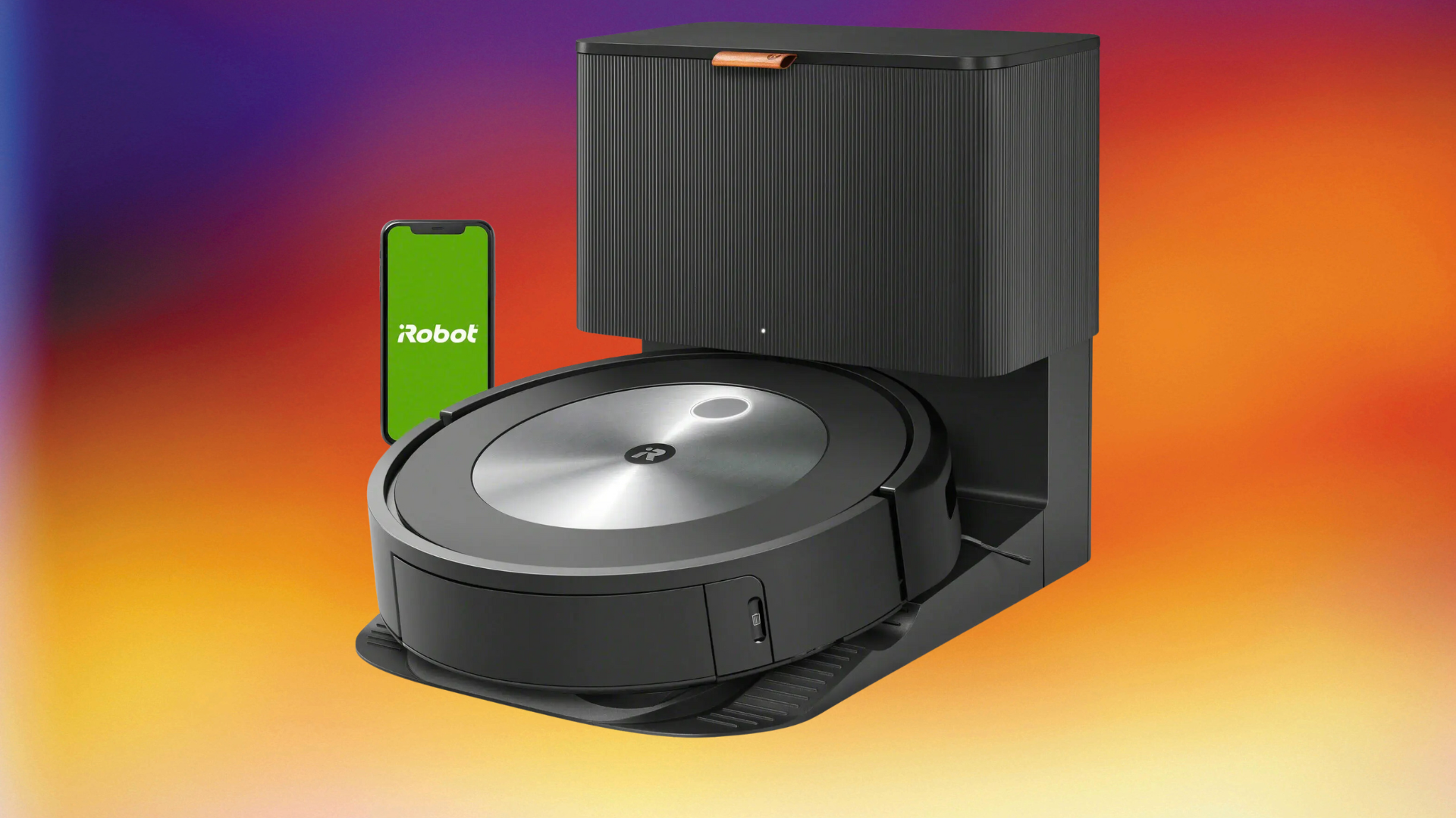  iRobot Roomba j7+ robot vacuum on a rainbow gradient background