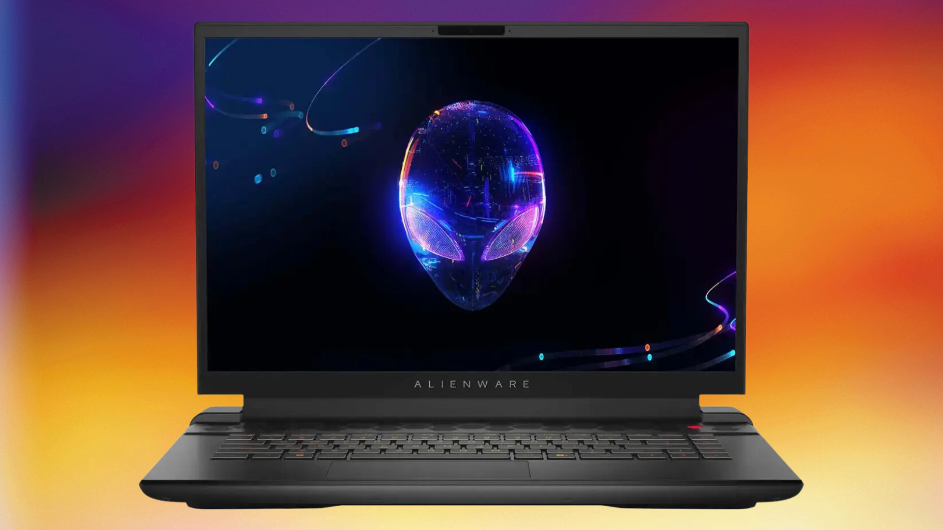 Alienware m16 gaming laptop on a rainbow gradient background