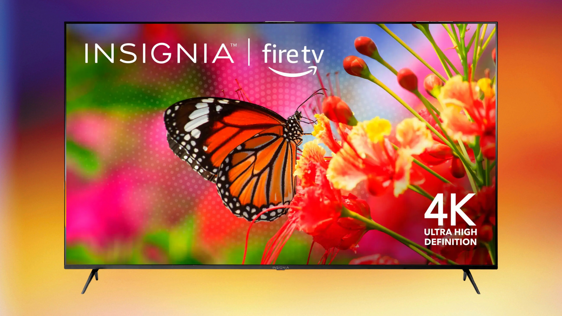 Insignia 75-inch F50 4K UHD Smart Fire TV on a rainbow gradient background