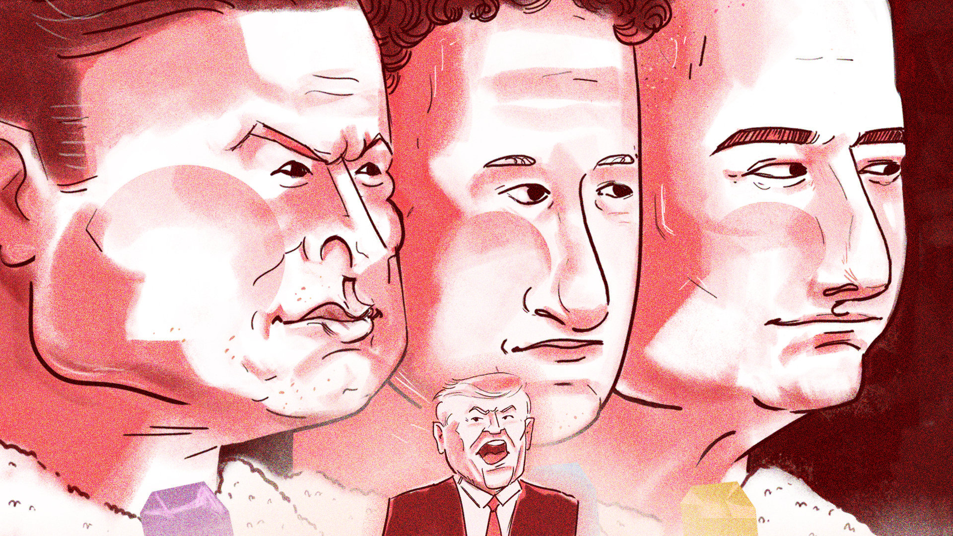 Elon Musk, Mark Zuckerberg and Jeff Bezos loom in the background of an illustration with Donald Trump smaller, in the foreground