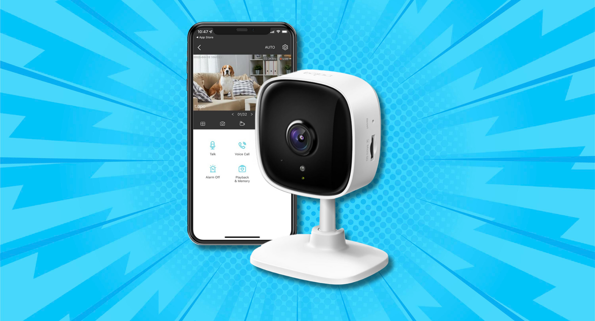 A TP-Link Tapo indoor security camera next to a smartphone displaying the camera's live feed of a dog in a room.