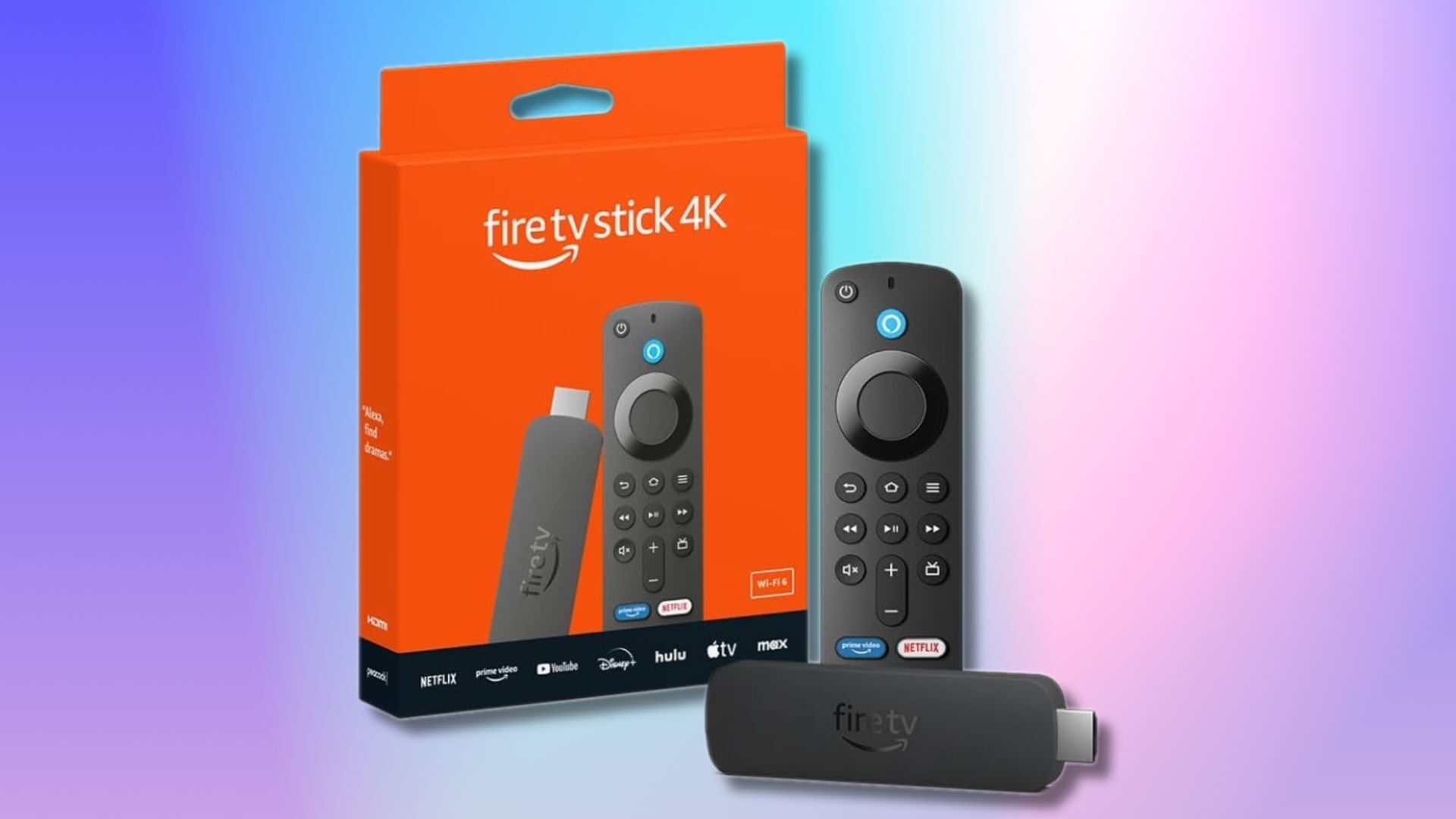 amazon fire 4k tv stick and box against a purple and blue gradient background