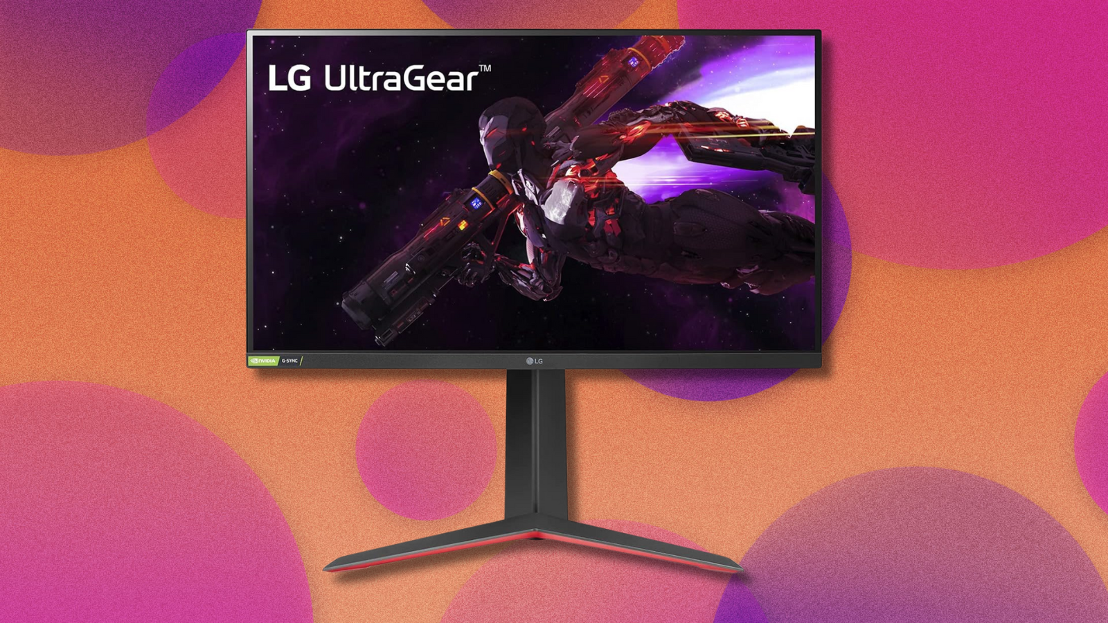 LG UltraGear gaming monitor on orange and pink abstract background