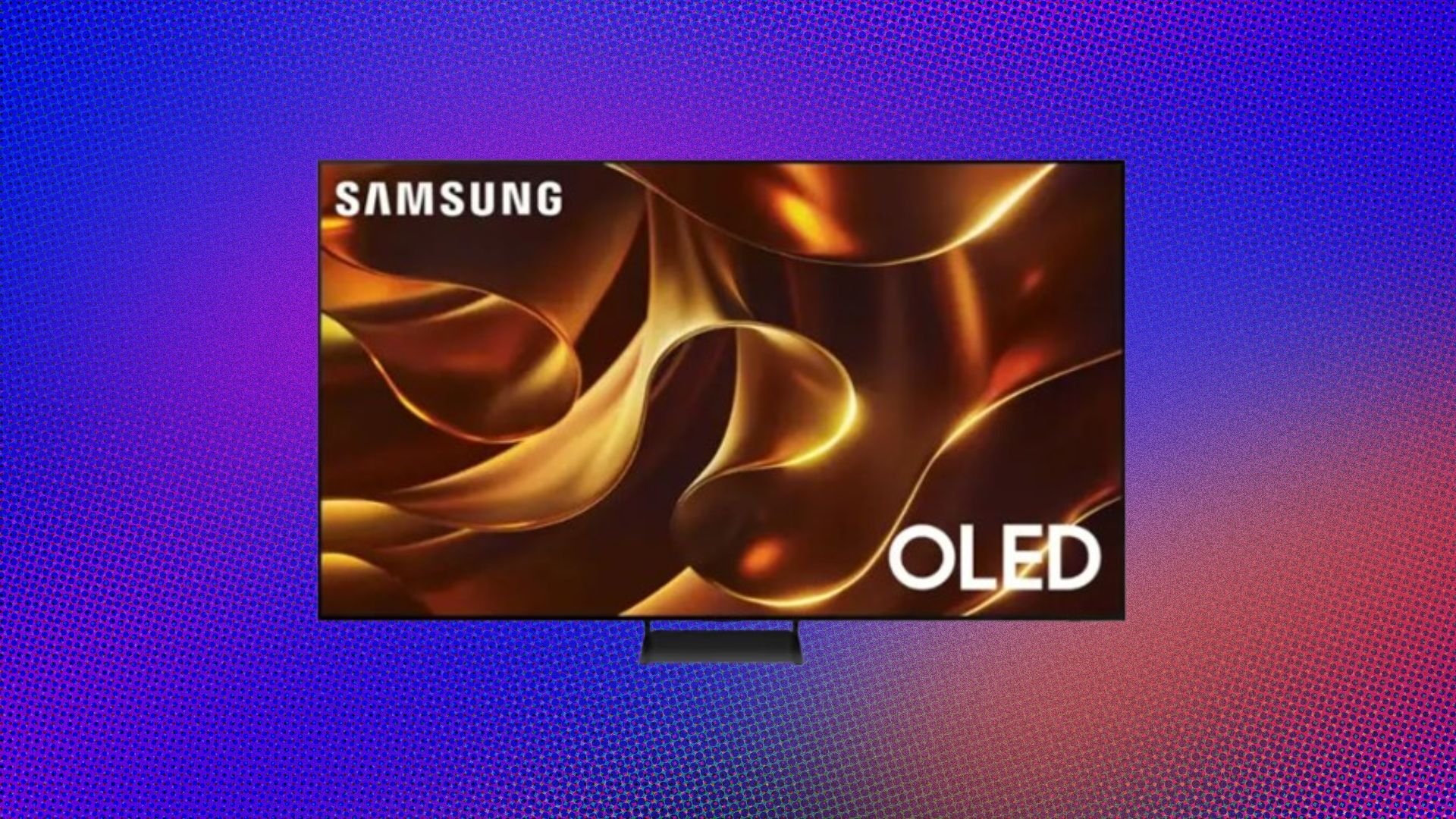 A Samsung TV displays gold swirls on a blue and purple background.