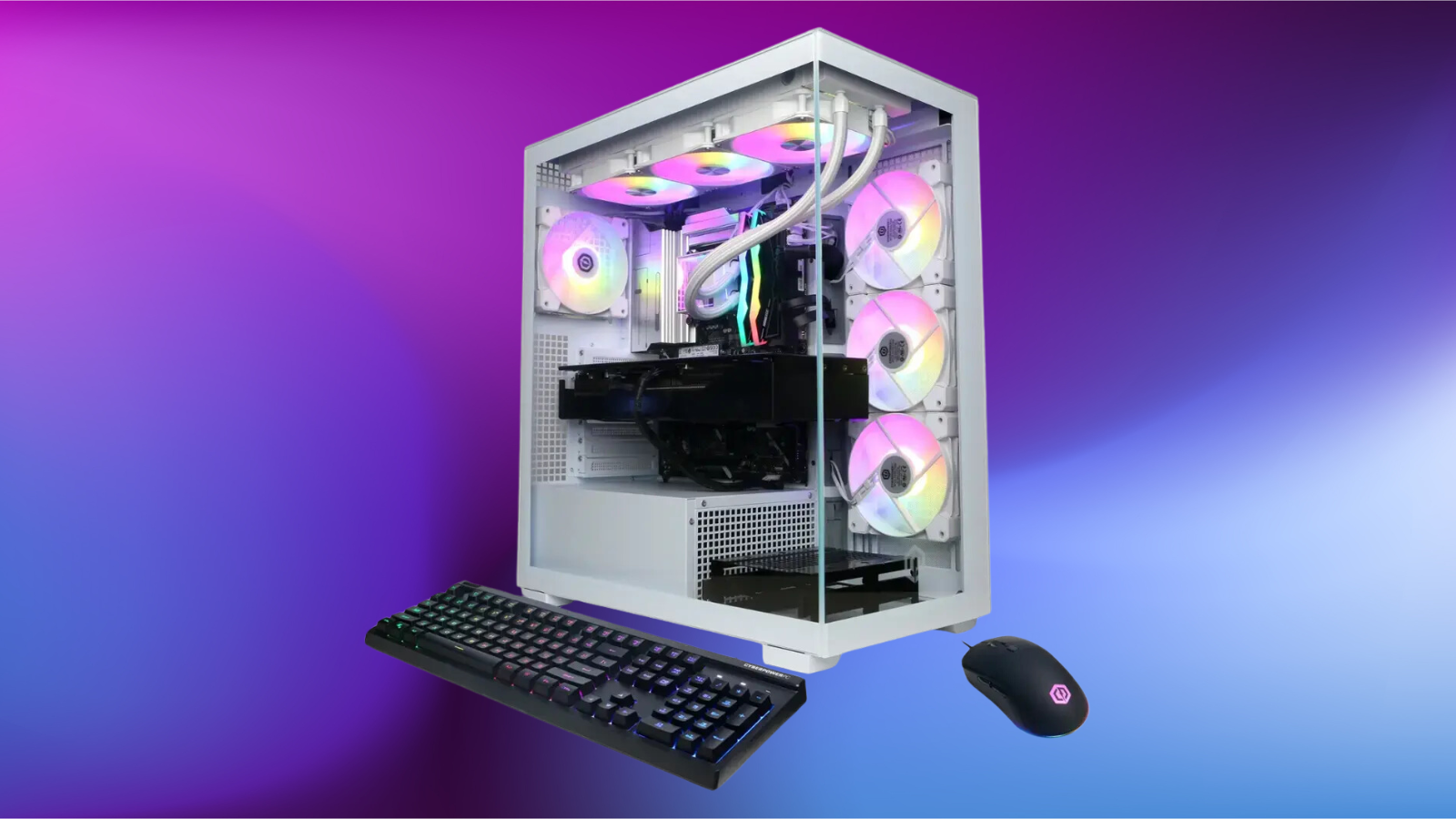 CyberPowerPC RTX 5080 gaming pc on a gradient purple background