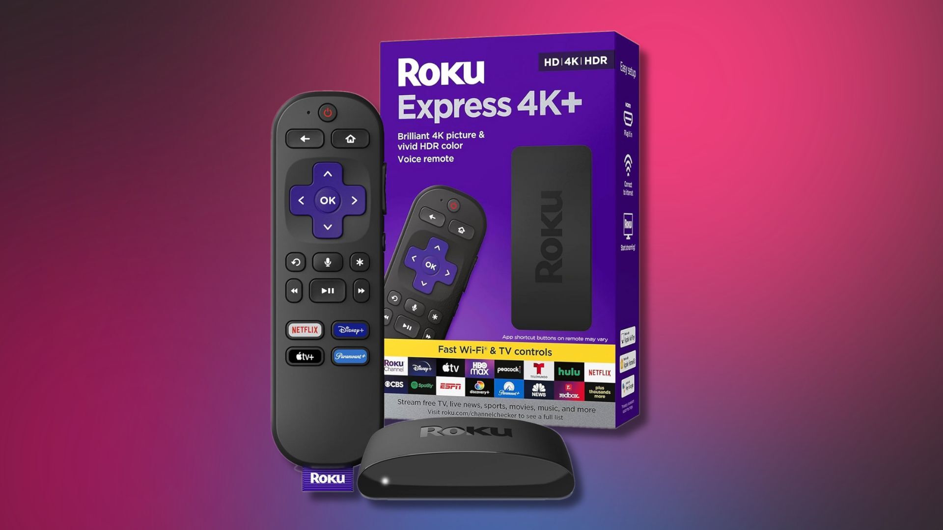 roku express 4k plus streaming stick and box against a pink and black gradient background