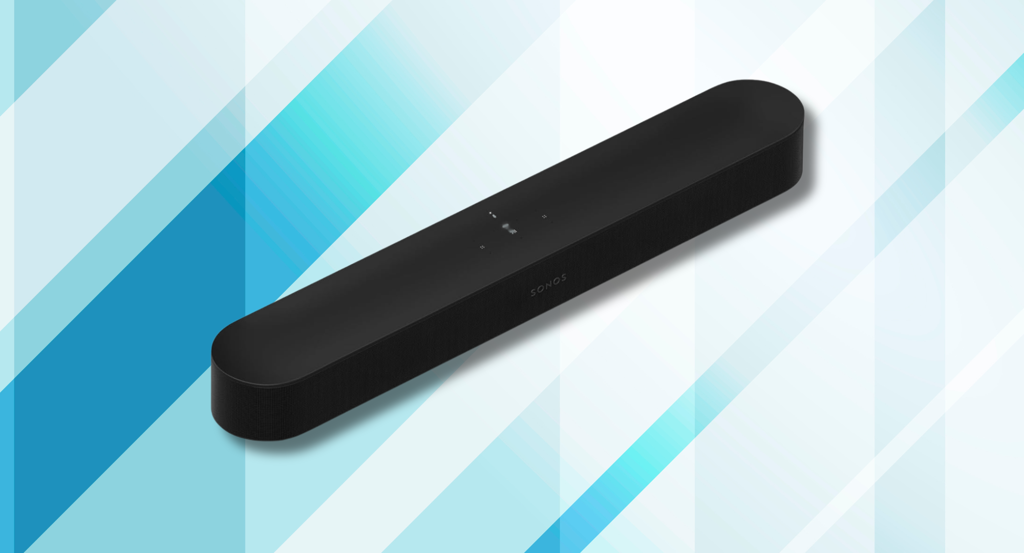 A black Sonos Beam (Gen 2) soundbar is angled slightly to the right against a background with diagonal blue and white stripes. The soundbar is sleek and minimalist, with a visible speaker mesh on the front.