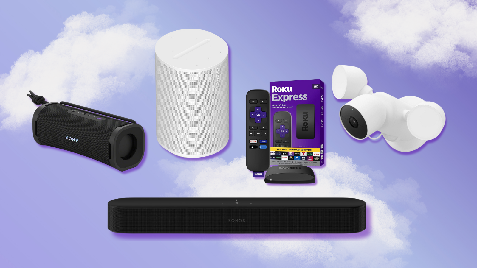 Sony ULT Field 1, Sonos Era 100, Sonos Beam Gen 2, Roku Express, and Google Floodlight Cam with purple and white background