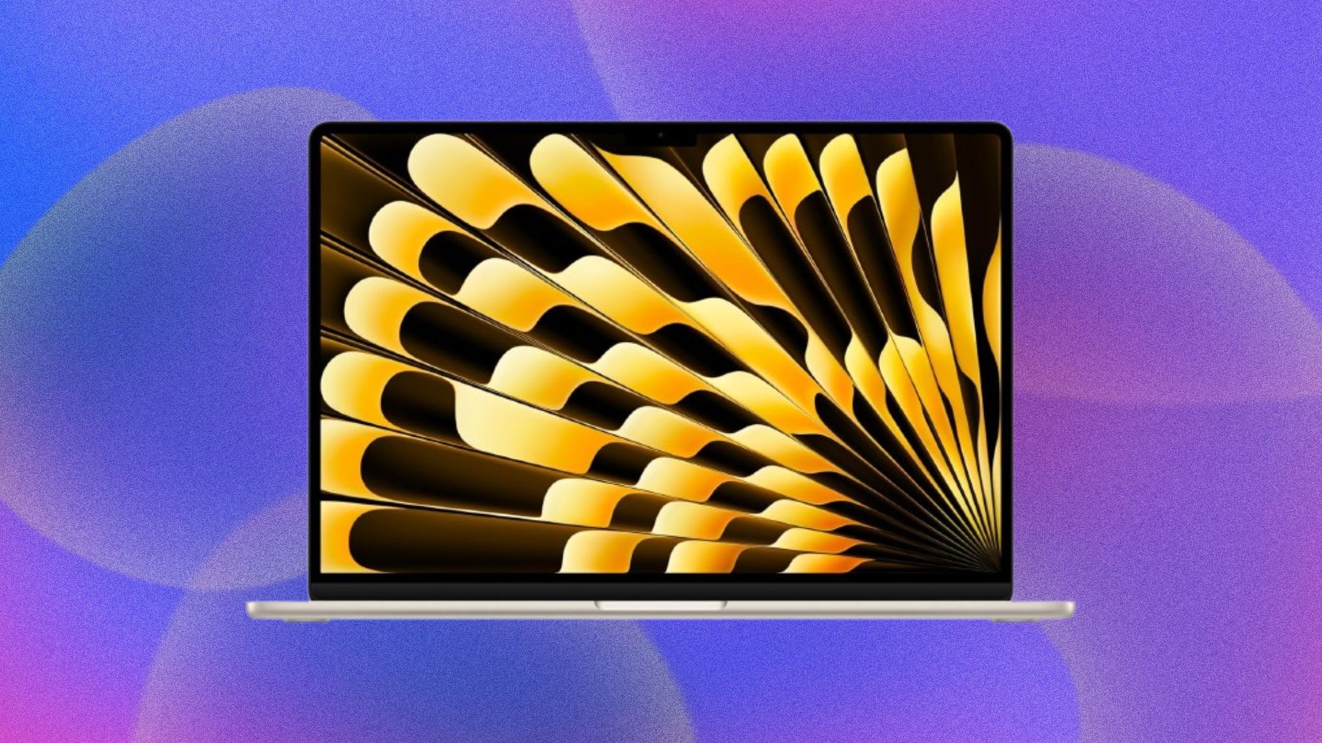 A thin Apple laptop with gold feather-like shapes on its screen appears on a purple background.