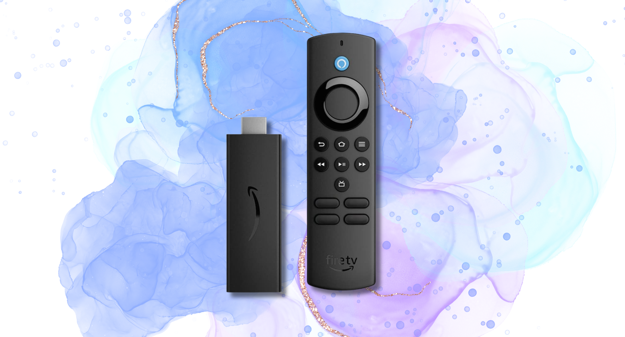 A black Amazon Fire TV Stick Lite and its Alexa Voice Remote are displayed side-by-side against a subtle artistic background with light blue, purple, and white splotches, along with faint gold glitter lines..