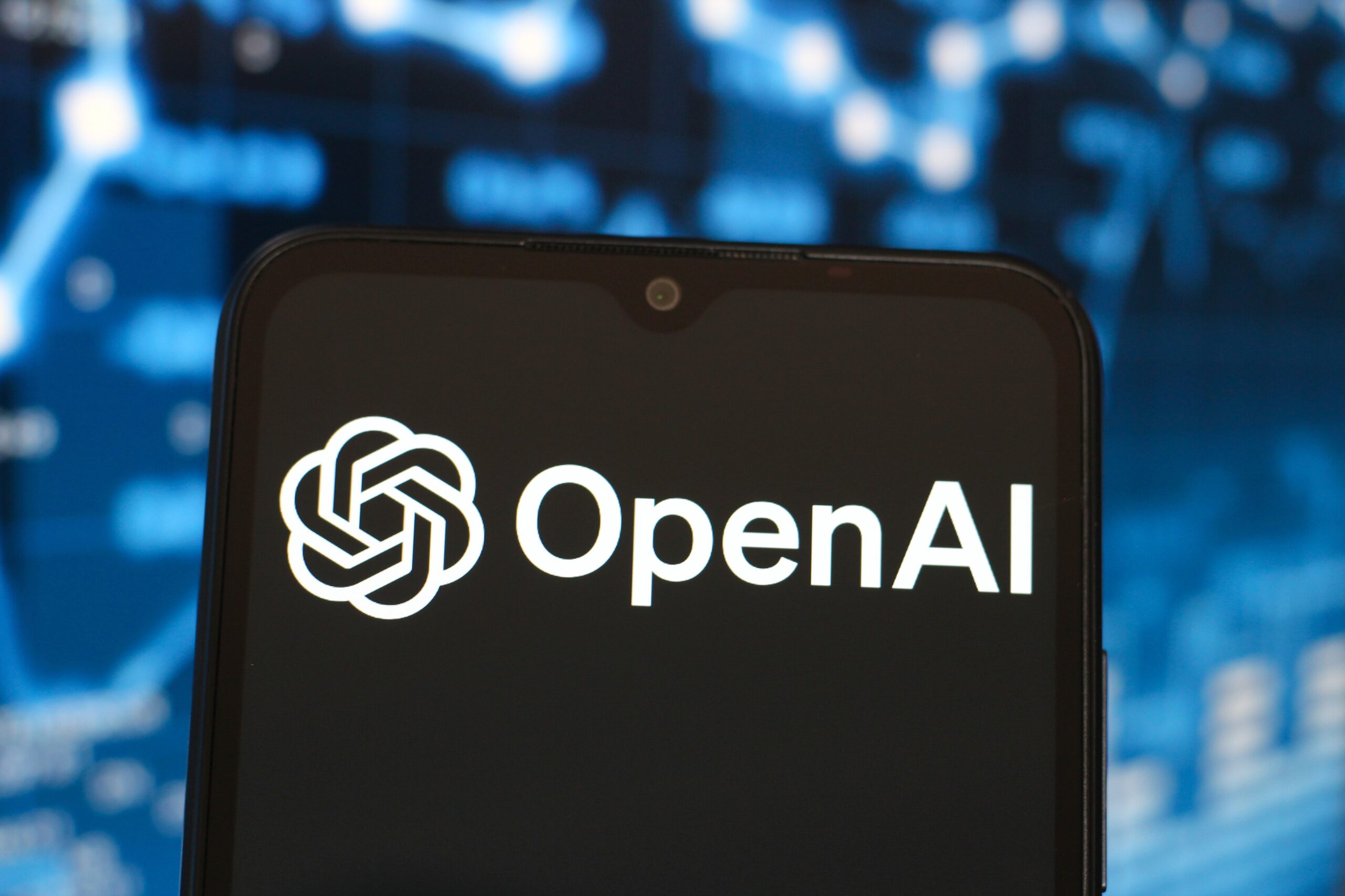 openai logo on a phone with neon blue background