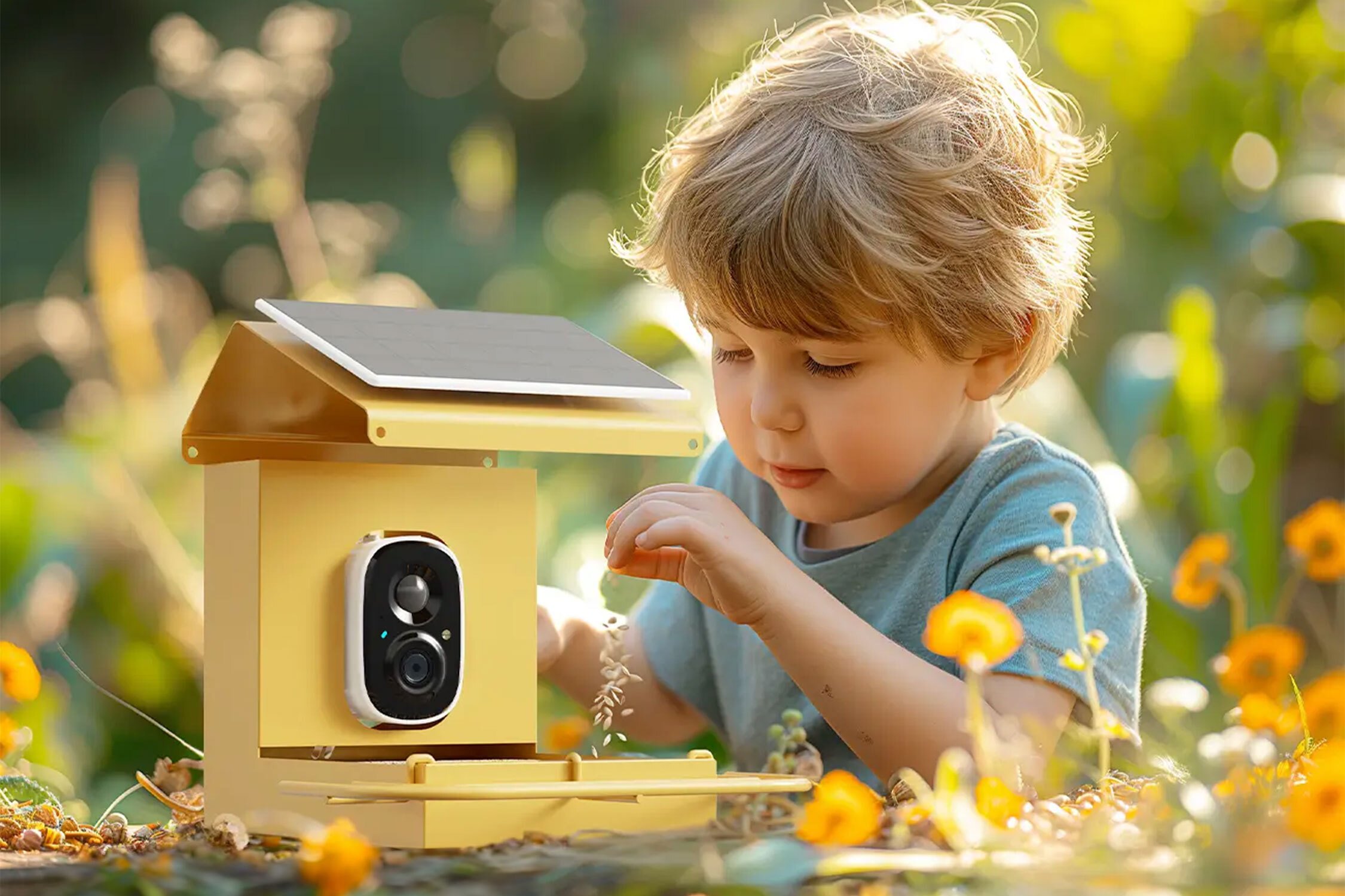 child playing with BirdHi Smart Bird Feeder